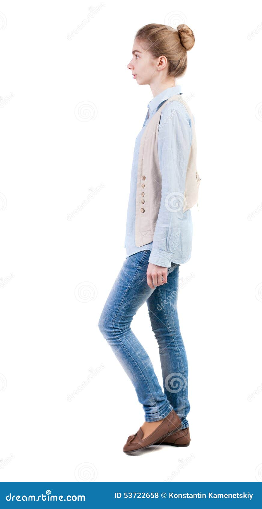 Side View of Walking Woman in Vest. Stock Photo - Image of serene