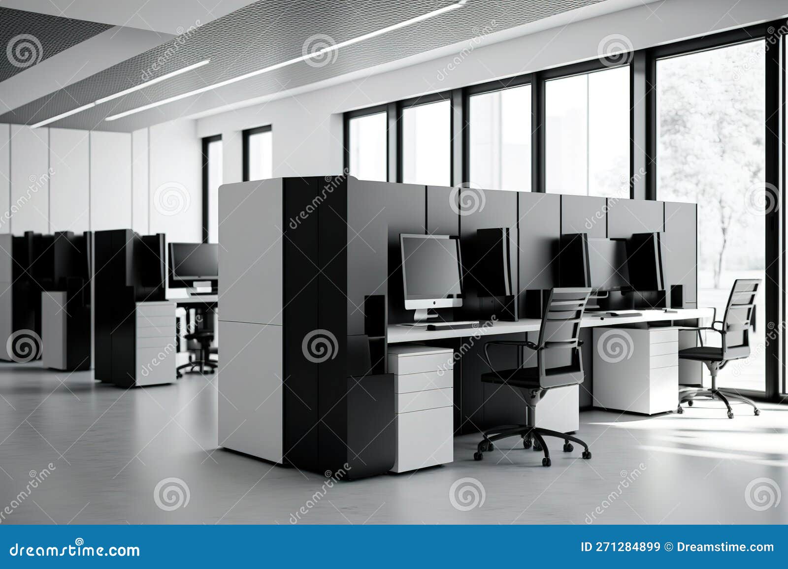 Side View of White and Black Open Space Office Interior with Rows of