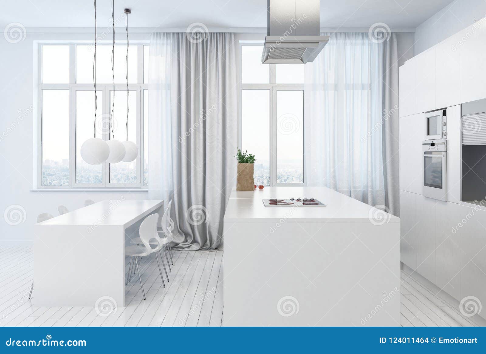Side View of White Kitchen with Dining Table Stock Illustration