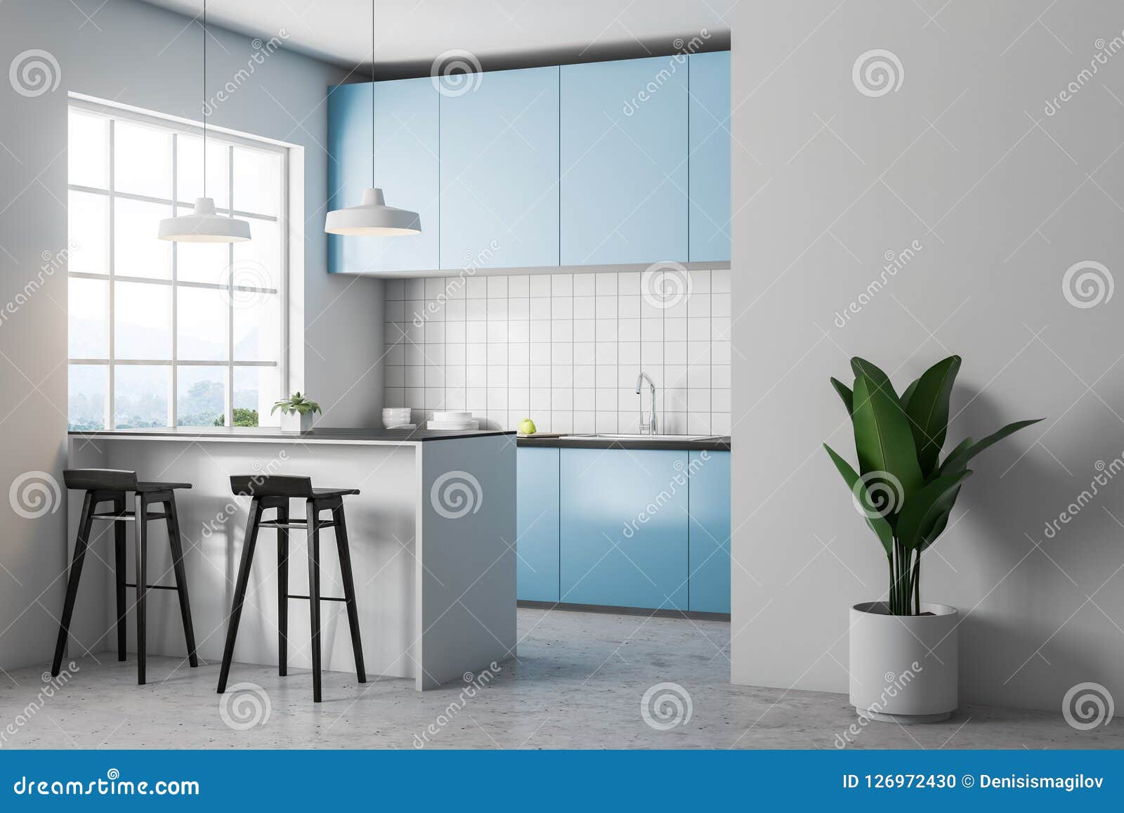 White Tile Kitchen Corner Blue Countertops Stock Illustration