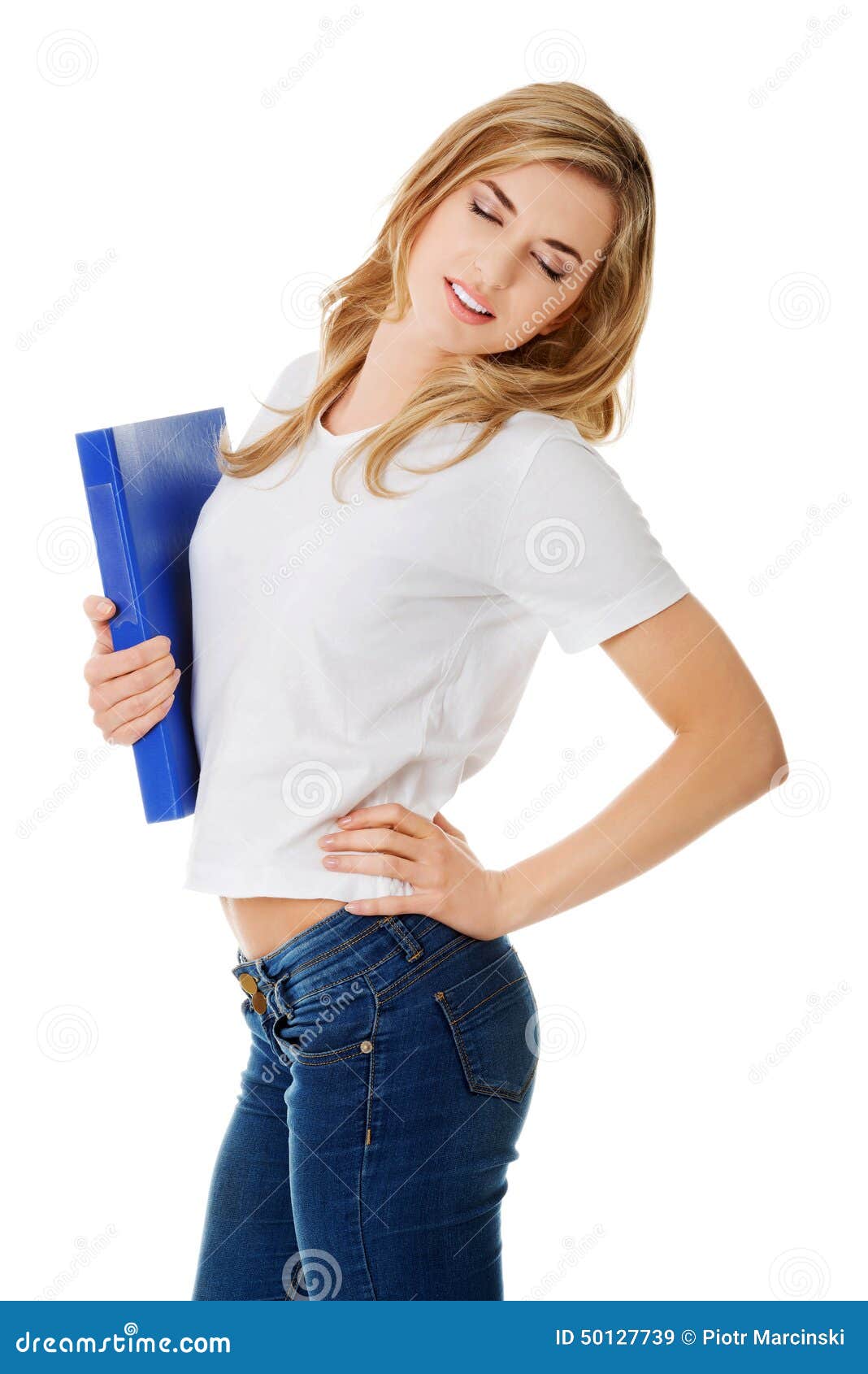 Side View of Woman with Back Pain Holding a Binder Stock Image Image