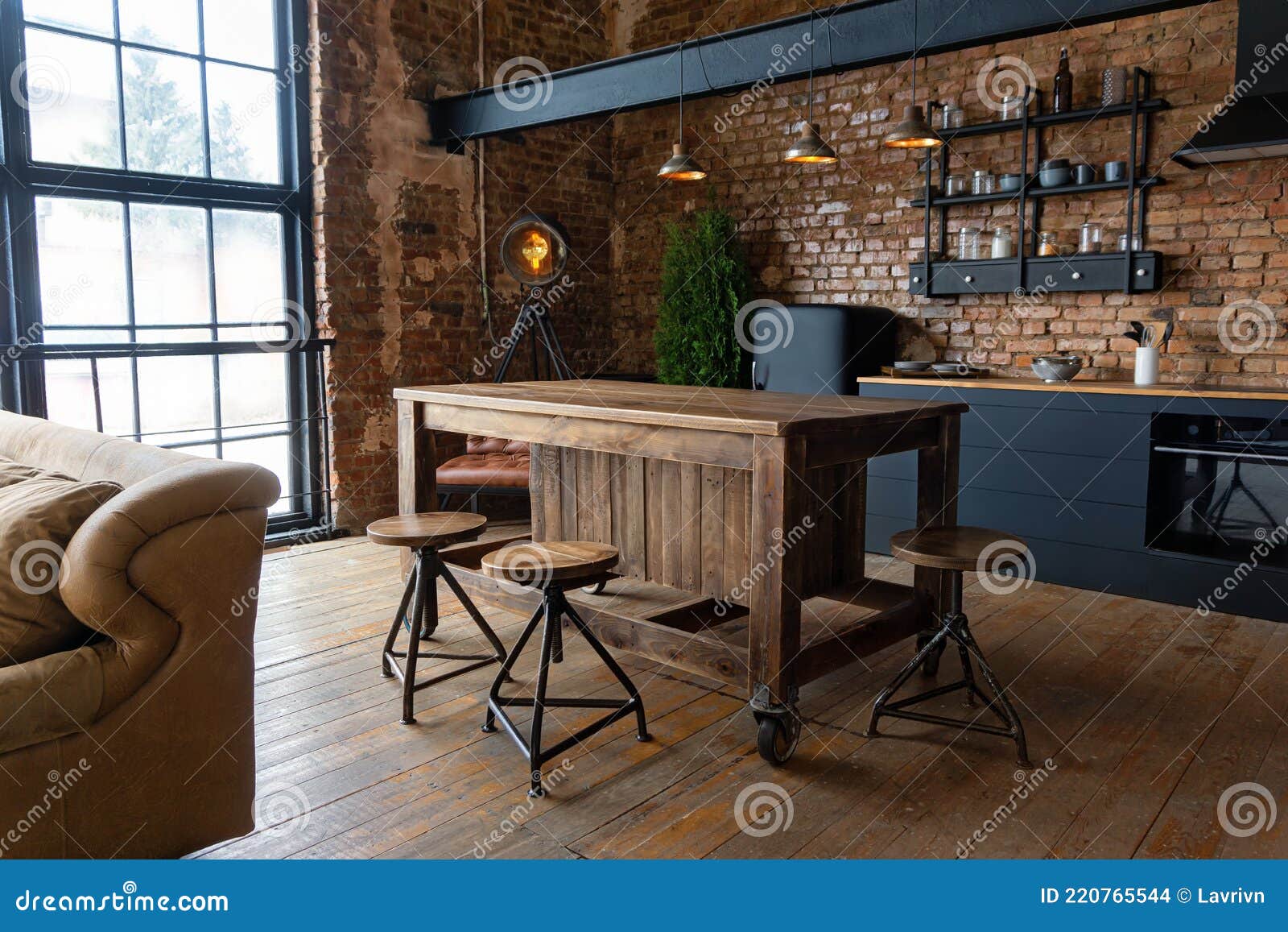 Side View on a Wooden Table and Spacious Industrial Loft Kitchen ...