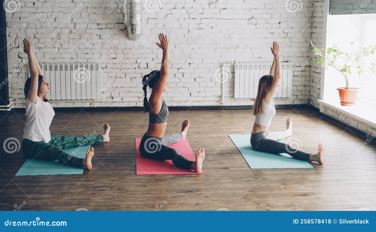 Side View of Yoga Students Doing Stretching Exercises Developing ...