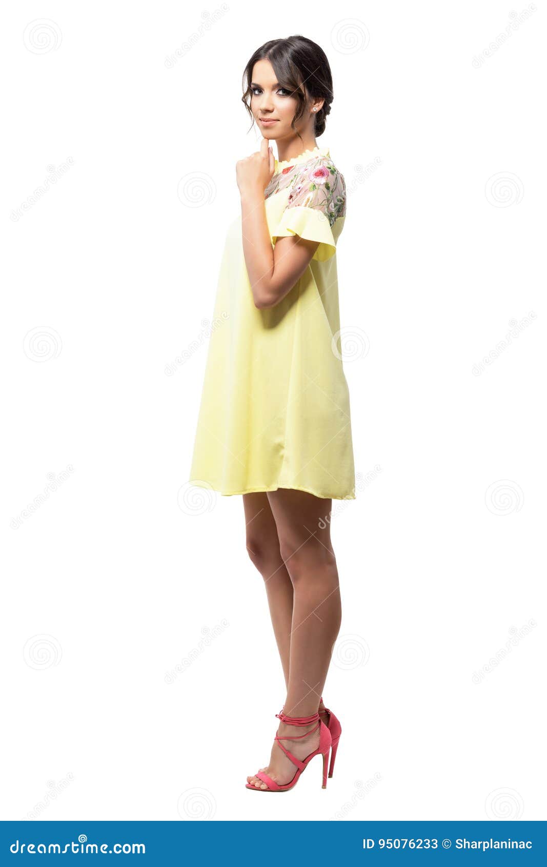 Side View of Young Sophisticated Glamorous Woman in Yellow Dress ...