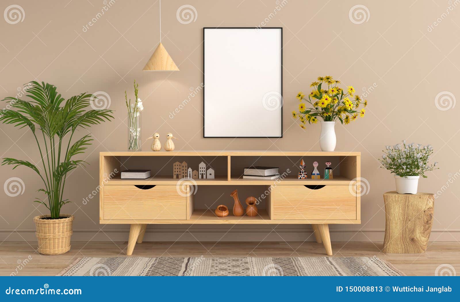 Sideboard and Blank Photo Frame for Mockup, 3D Rendering Stock
