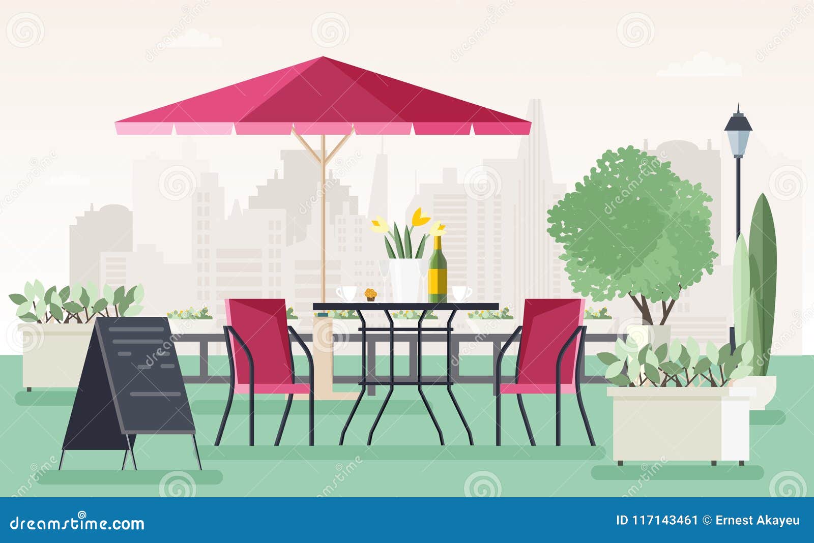 sidewalk cafe or restaurant with table, chairs, umbrella, potted plants and welcome board standing on street against