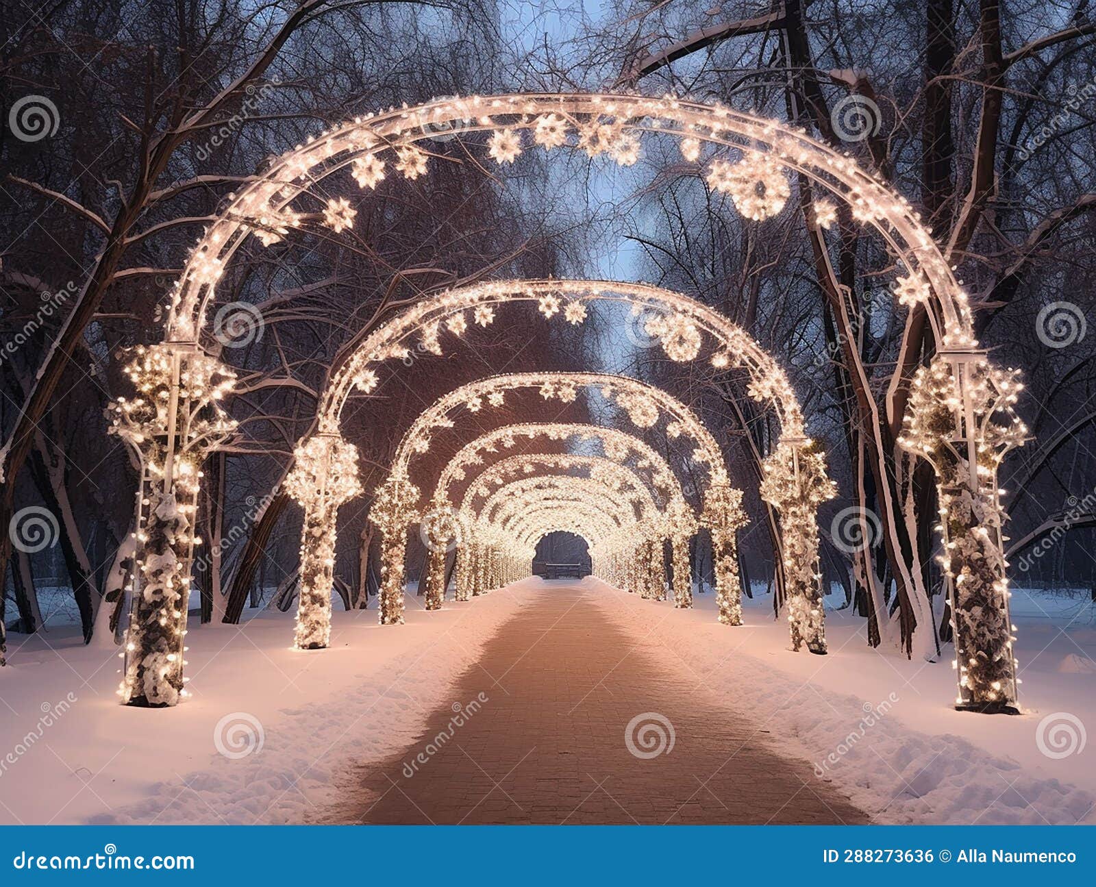 Sidewalks in Winter Park with Christmas Lights Arch Stock Illustration