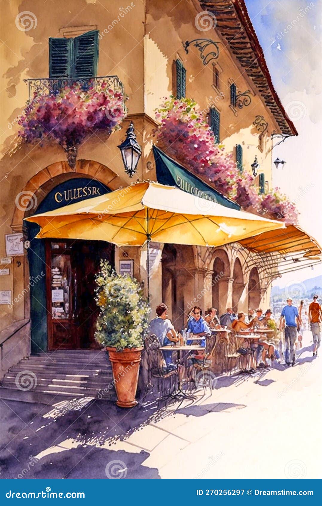 sidewall restauran with people in summer sunny day, digital watercolor painting