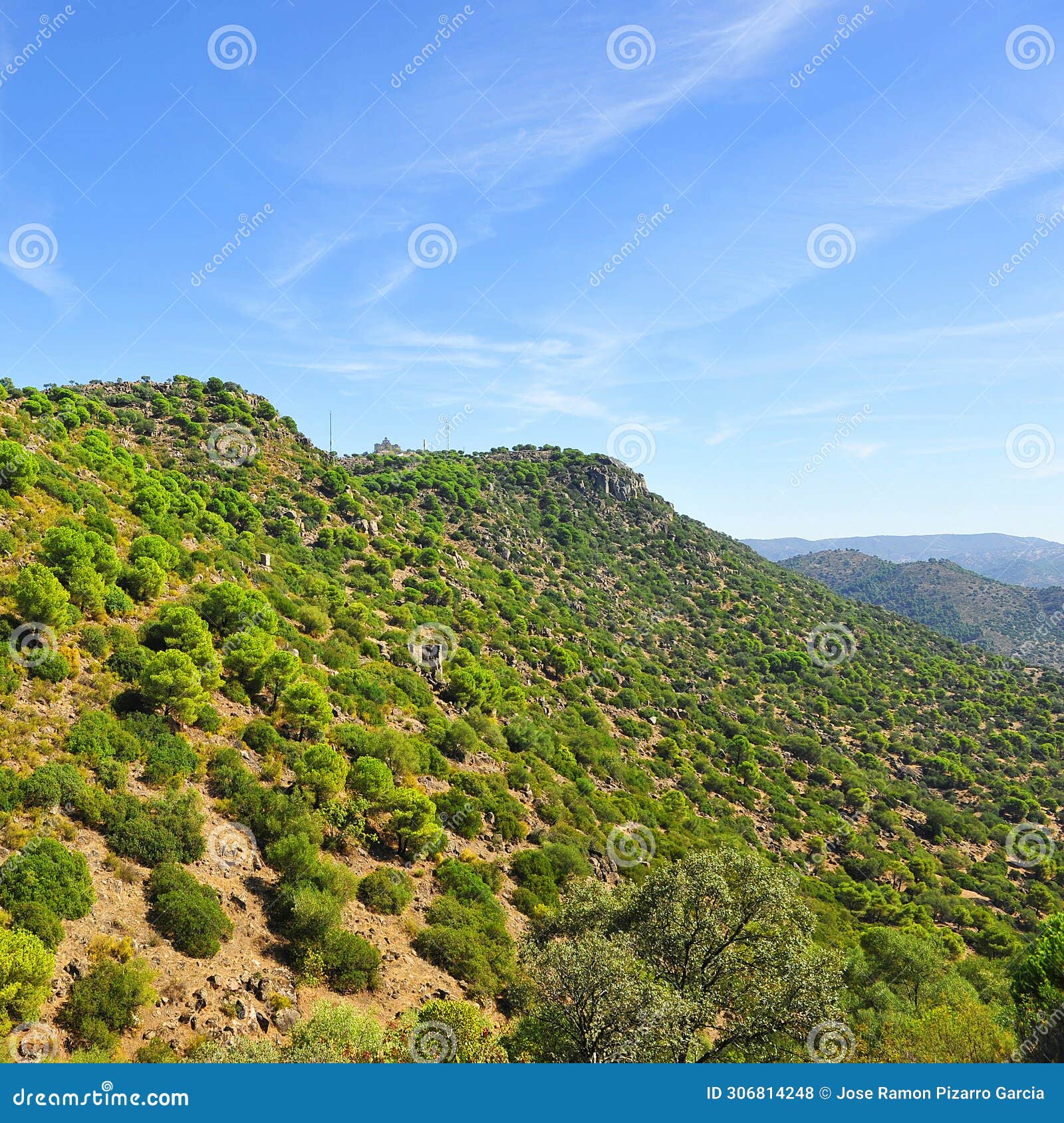 sierra de andujar natural park with the sanctuary of the virgen de la cabeza in the background, spain