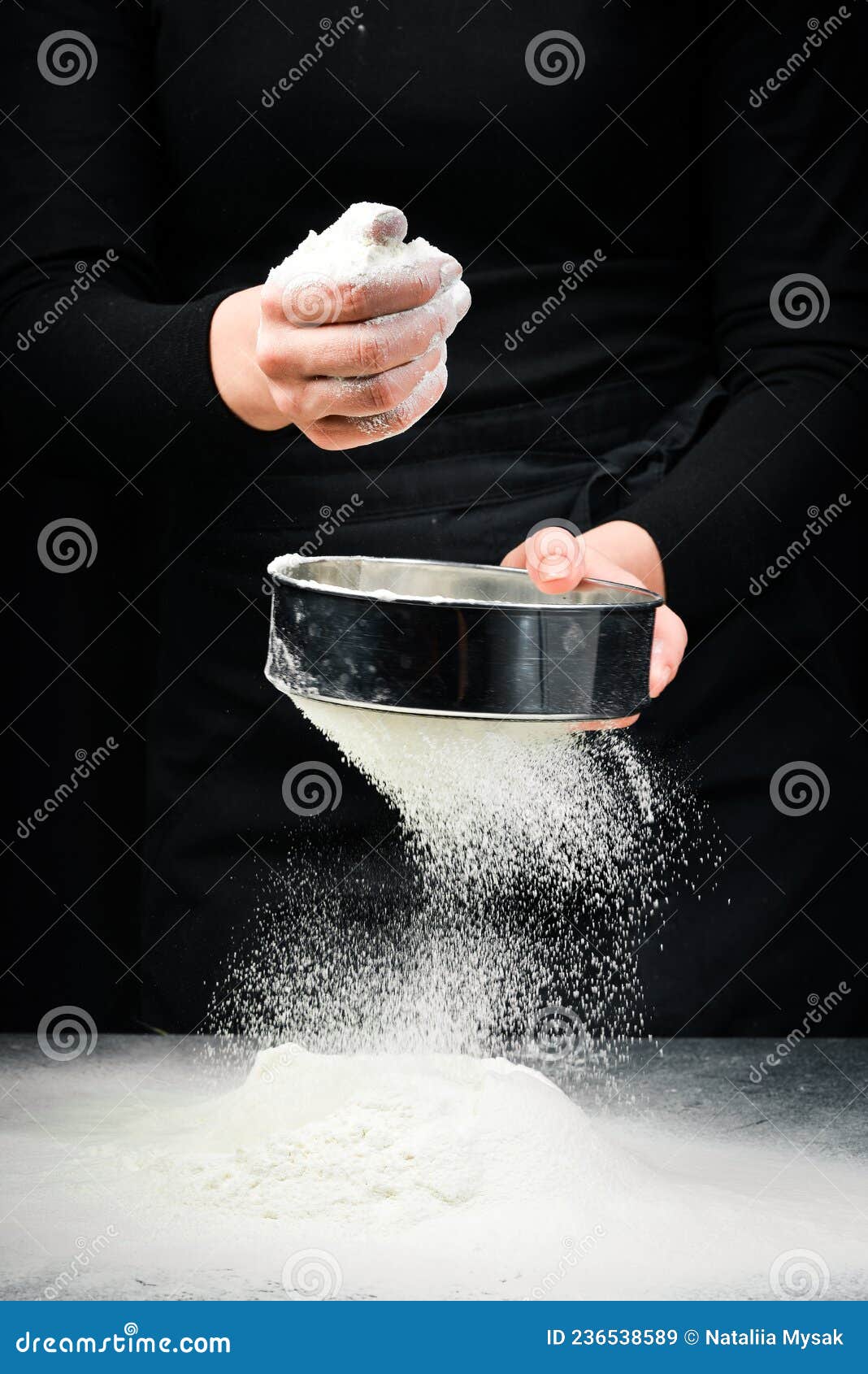 Sifting Flour through a Sieve. Flour in Hands Stock Image Image of