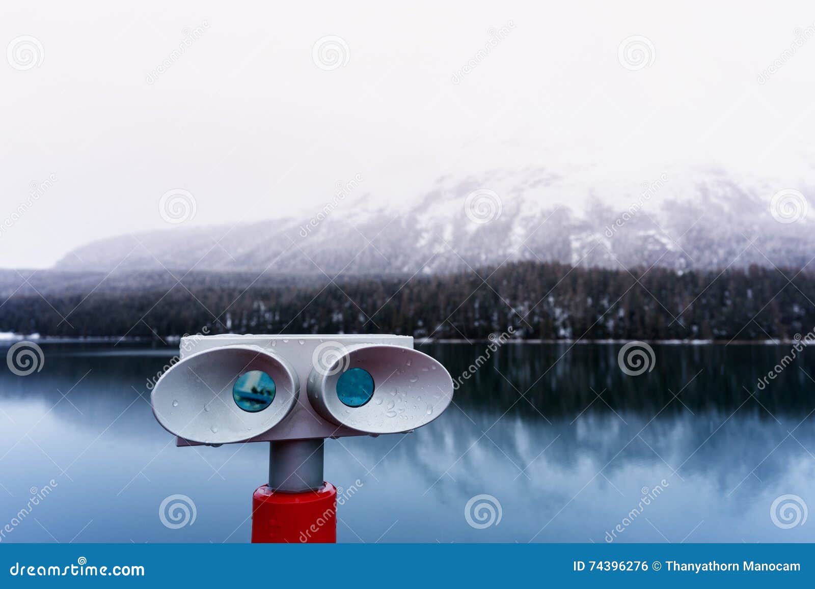Sightseeing Binoculars Overlooking Lake and Mountain View Stock Photo Image of finder