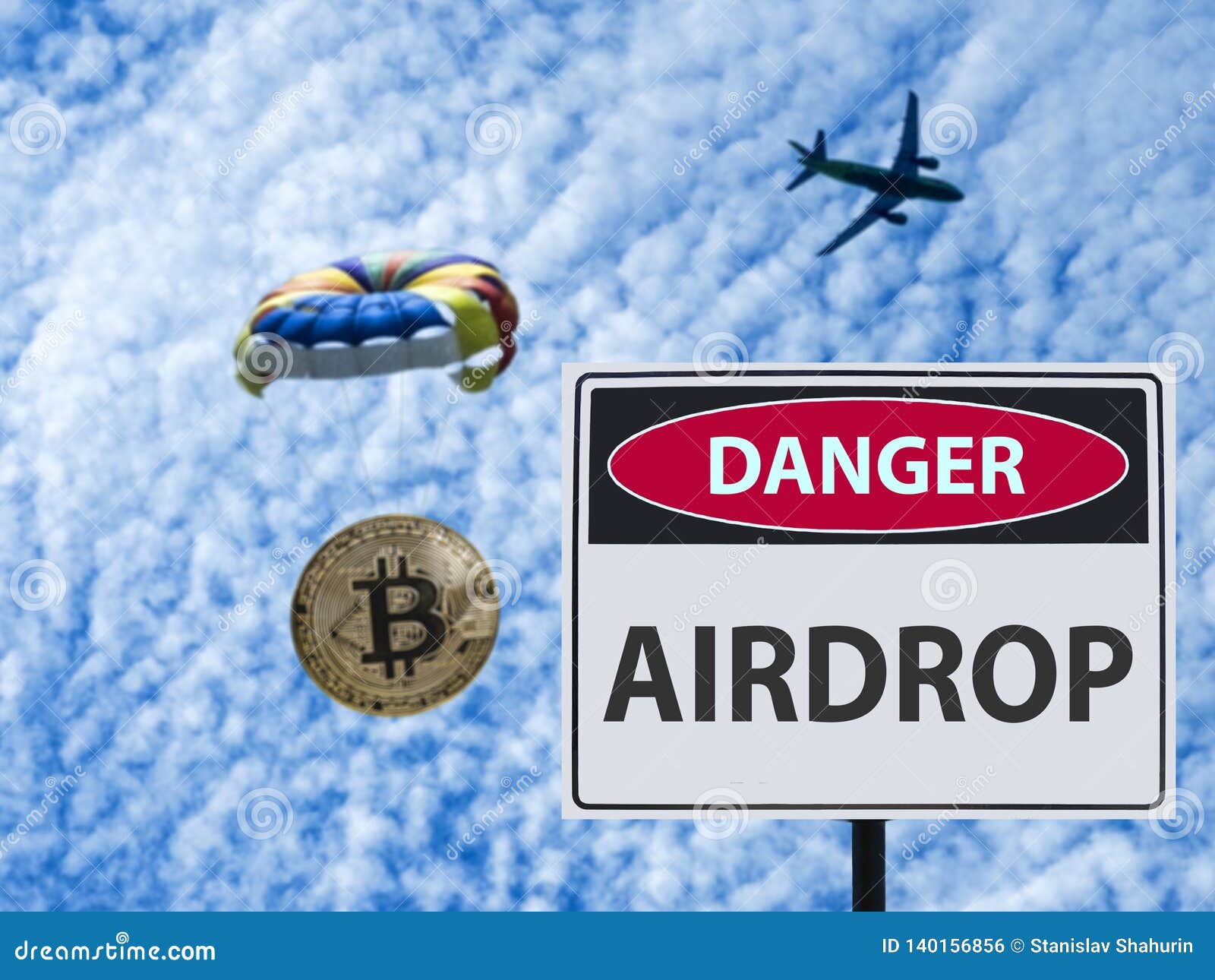 Sign Danger Airdrop and Parachute from the Plane Token. Stock Photo