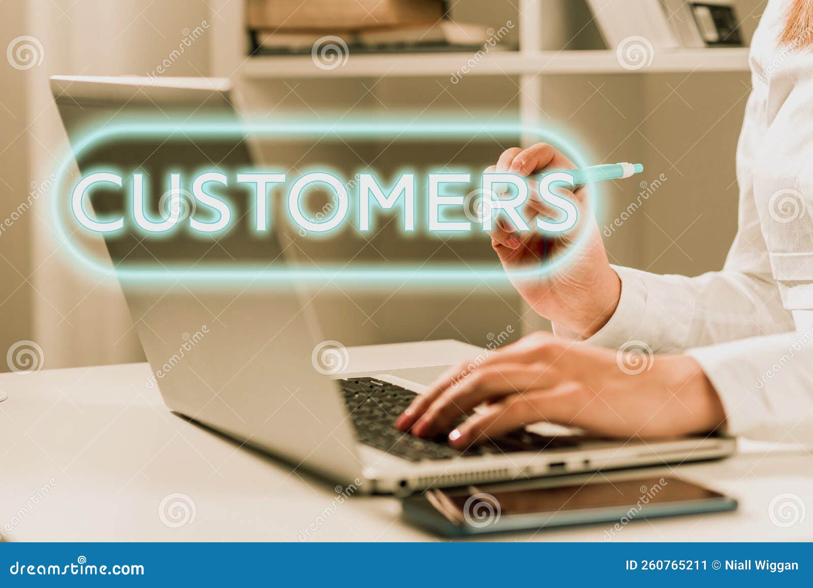 sign displaying customers. word written on individual or organization purchasing products or services woman typing
