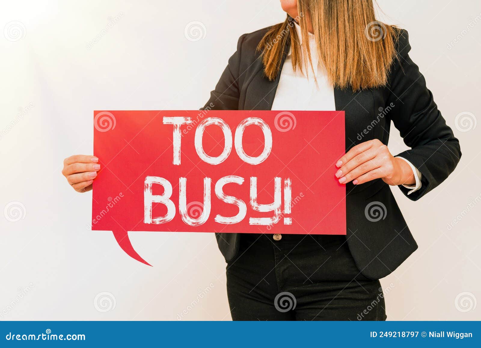 sign displaying too busy. word for no time to relax no idle time for have so much work or things to do three colleagues
