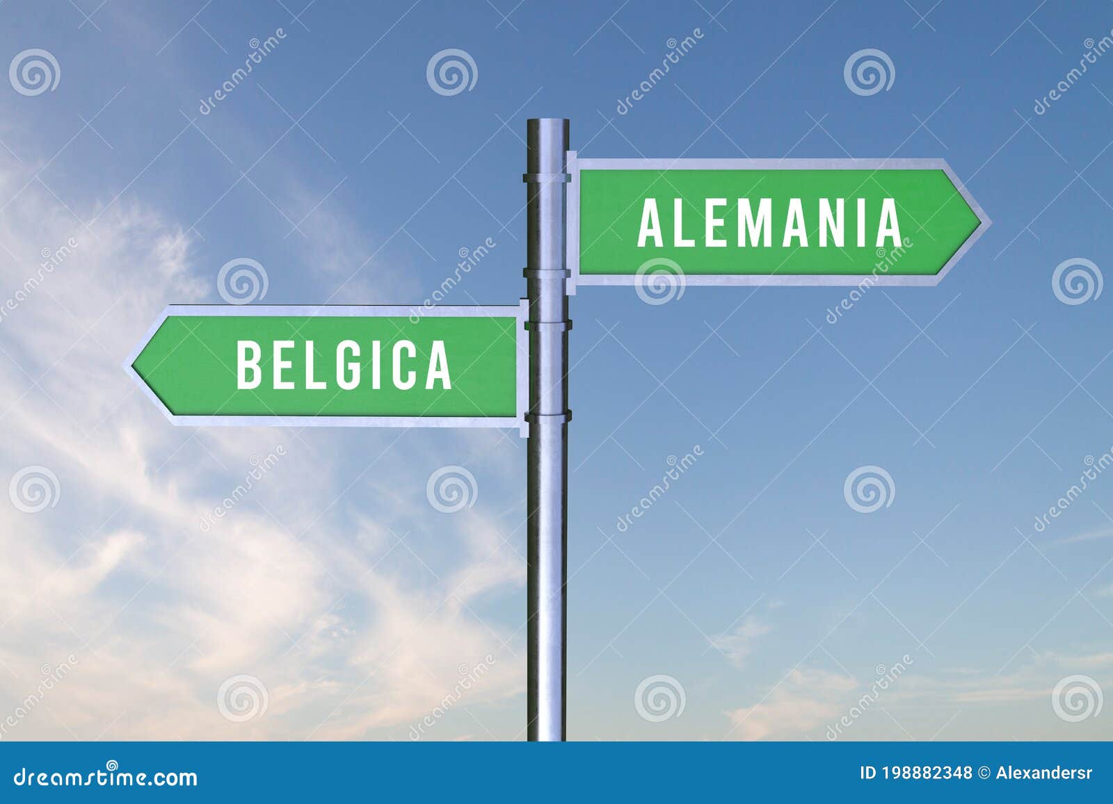 sign indicating the direction of the borders between two countries alemania, belgica ,  3d render