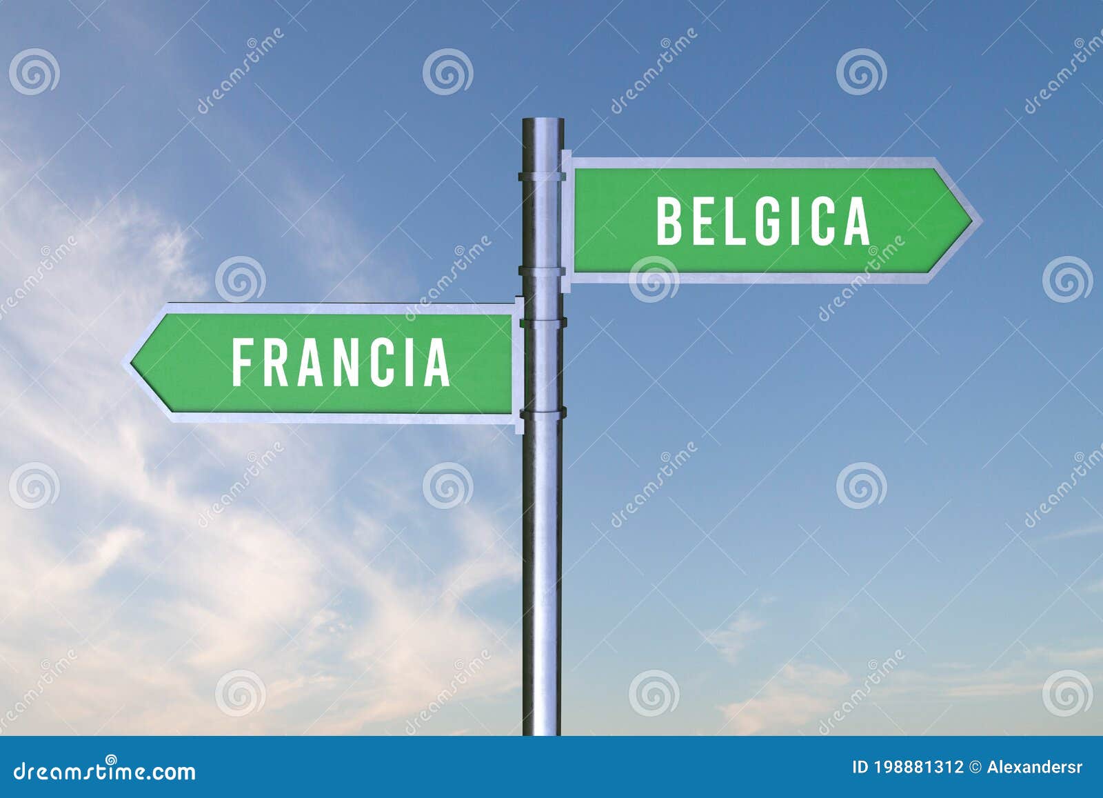 sign indicating the direction of the borders between two countries francia, belgica ,france, belgium,  3d render