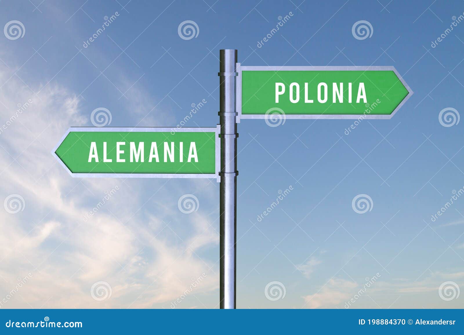 sign indicating the direction of the borders between two countries polonia, alemania ,  3d render