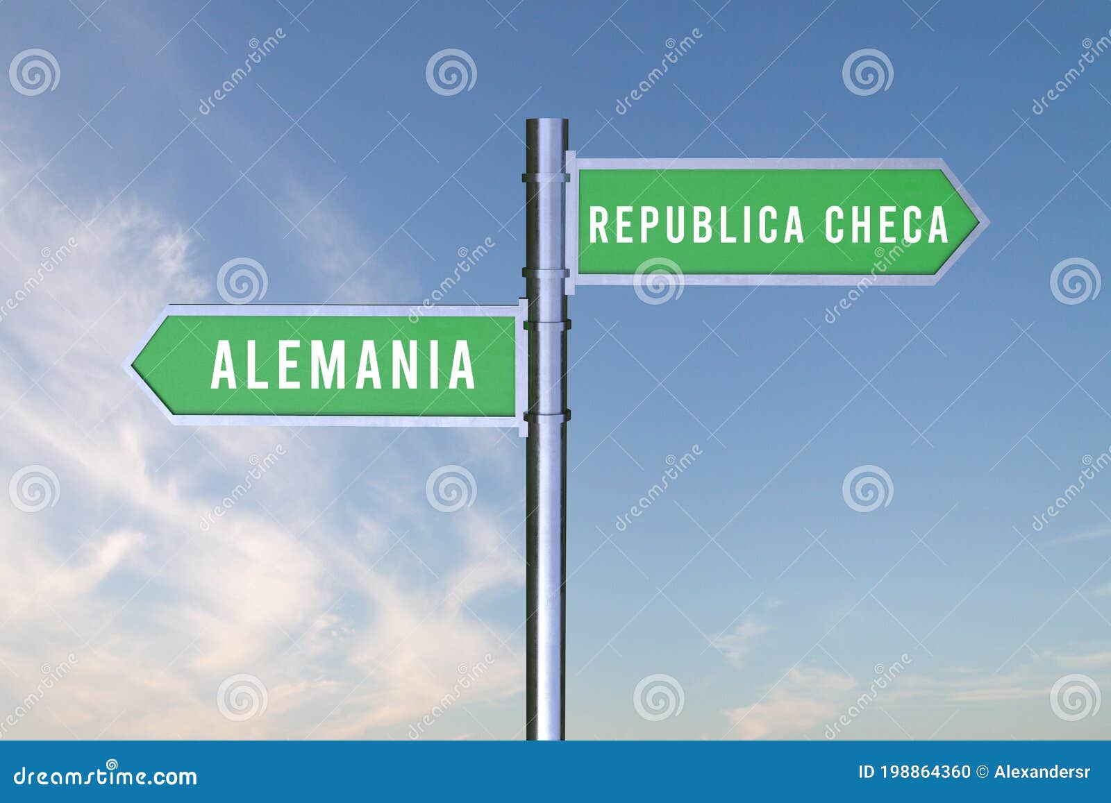 sign indicating the direction of the borders between two countries republica checa, alemania,germany, czech republic ,  3d render