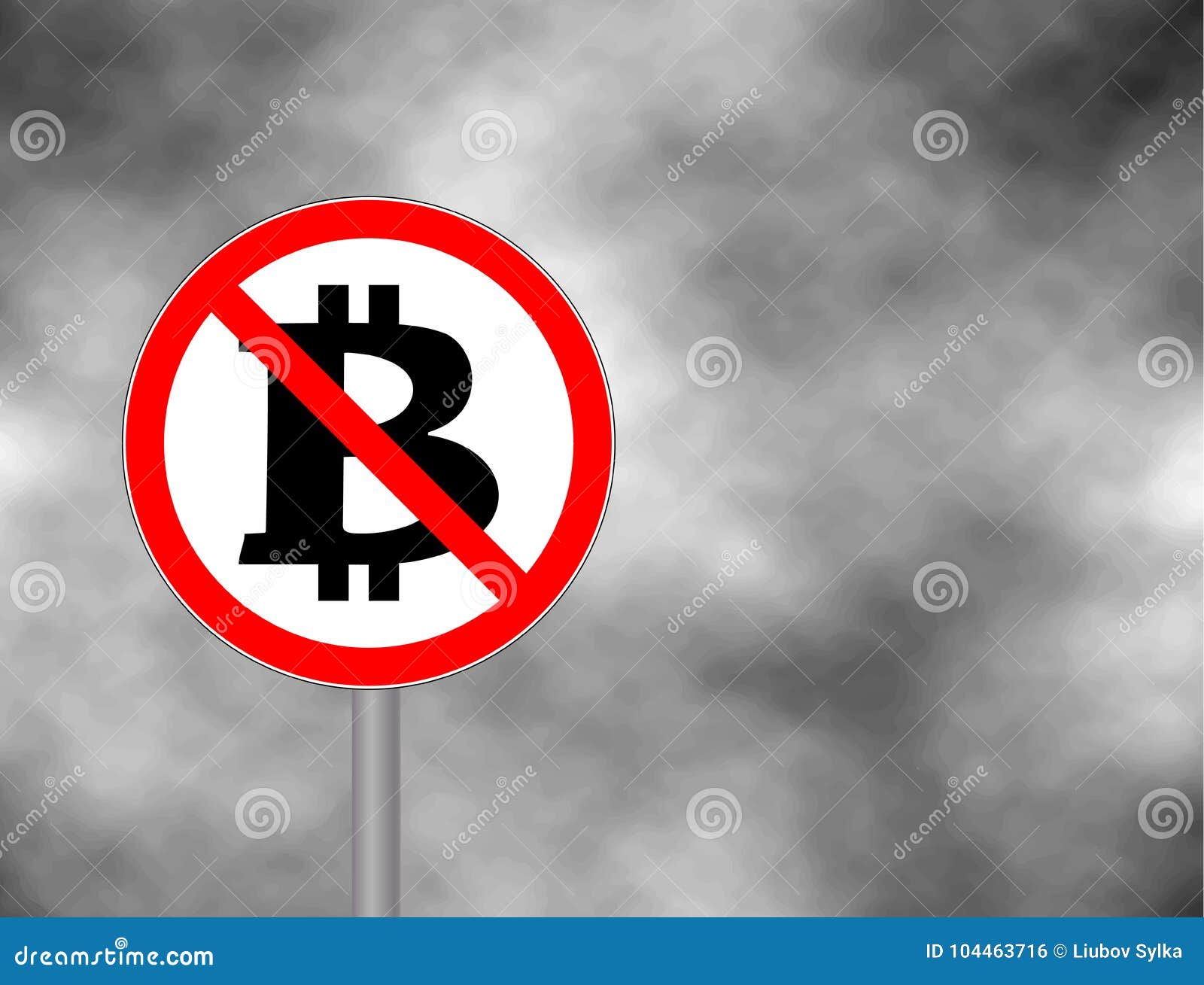 sign no bitcoin  on grey sky background. prohibition cartoon sign. not allowed sign.  .