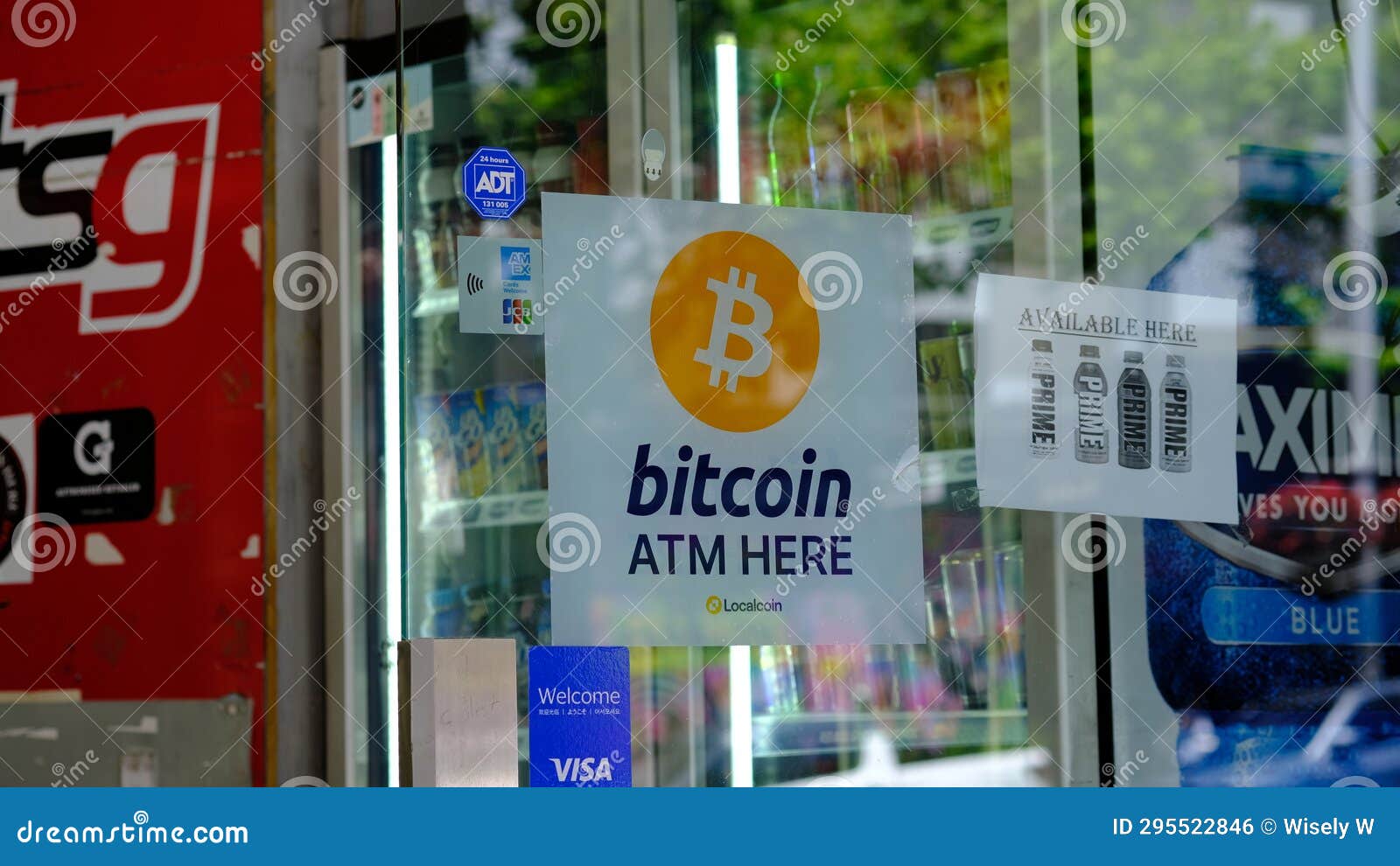 A sign ot BitCoin ATM. editorial photo. Image of coin - 295522846