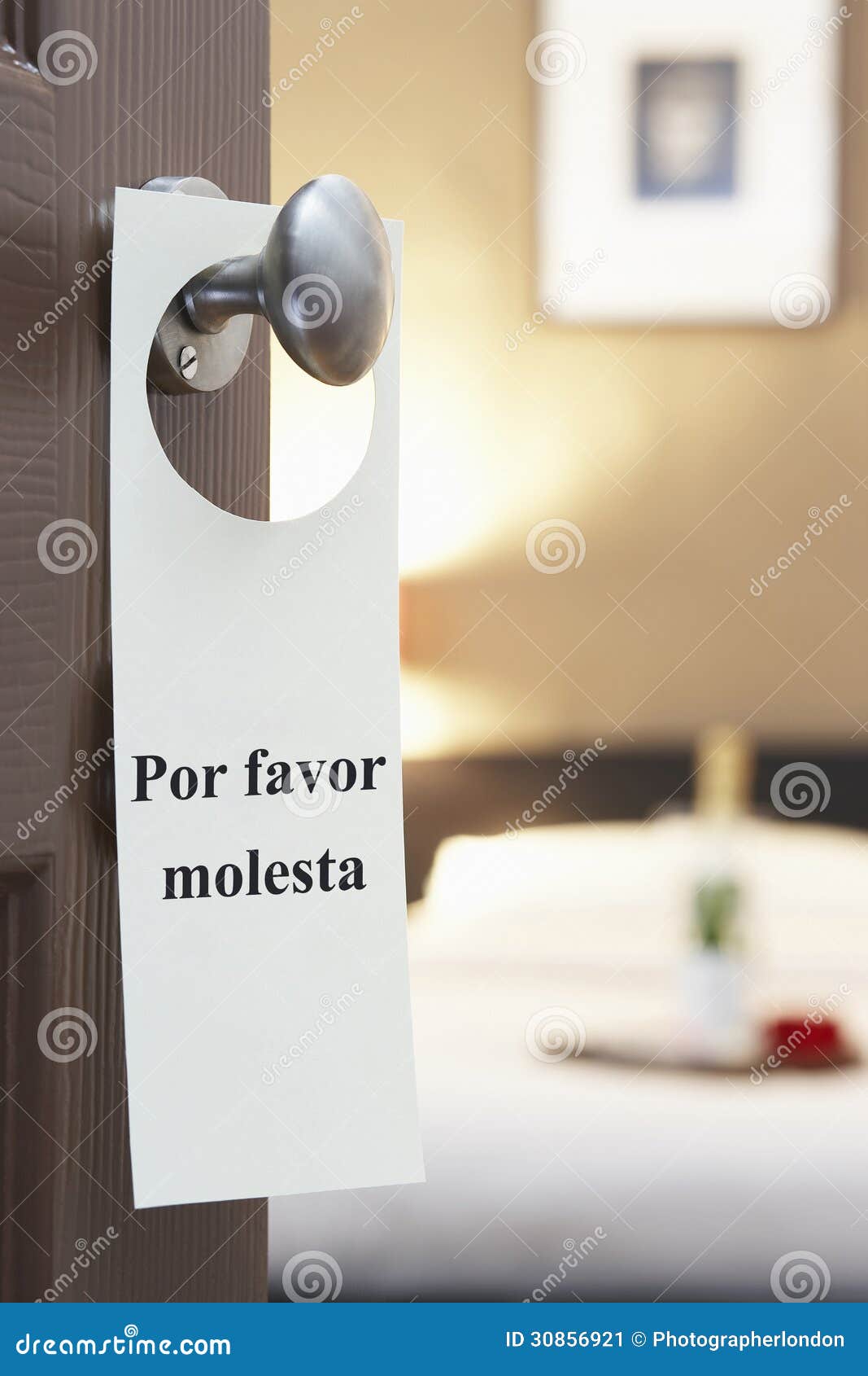 Sign with Spanish Text Hanging on Hotel Room Door Stock Image Image