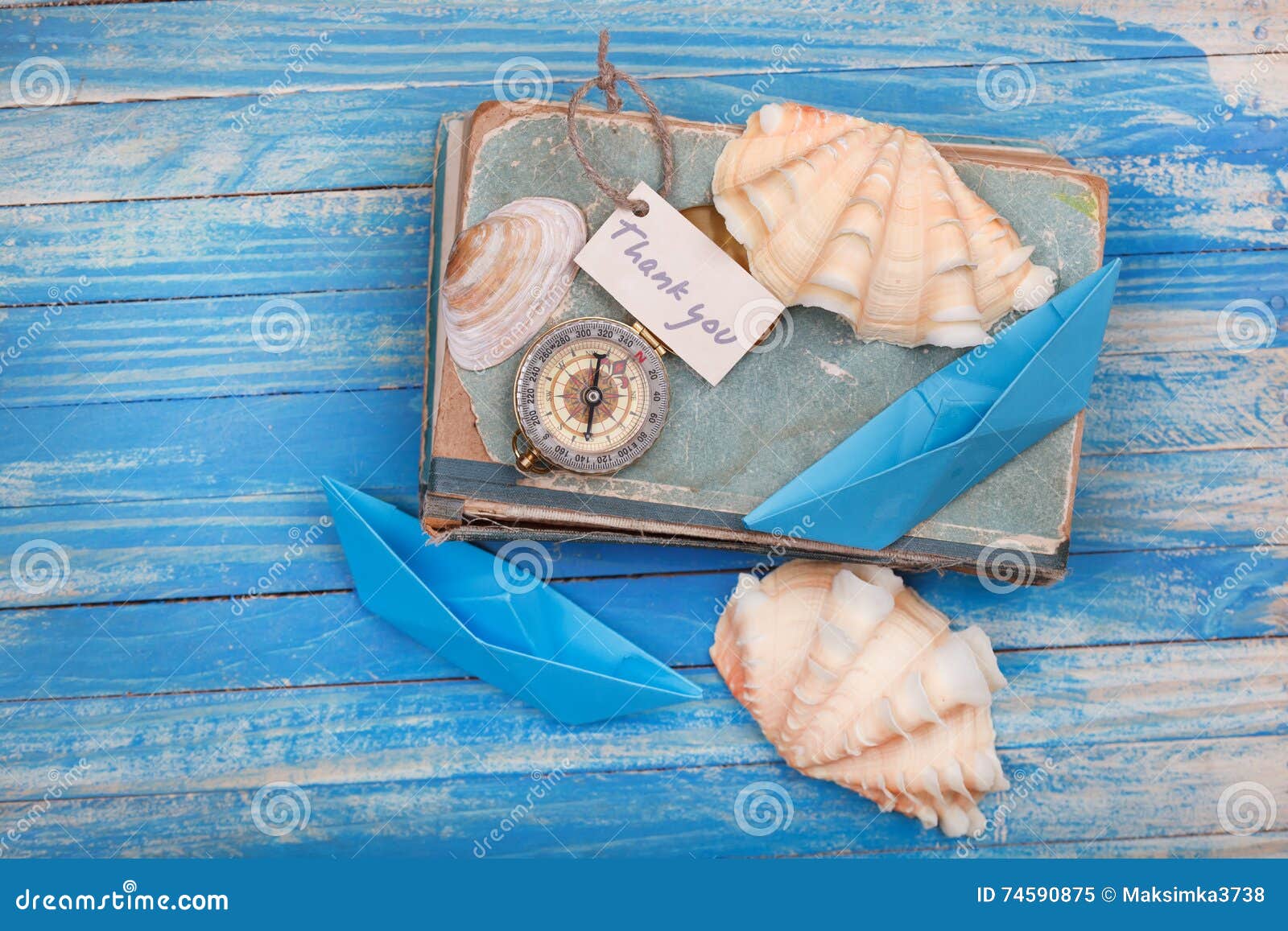 Sign Thank You and Compass on Old Book Vintage Style Stock Image