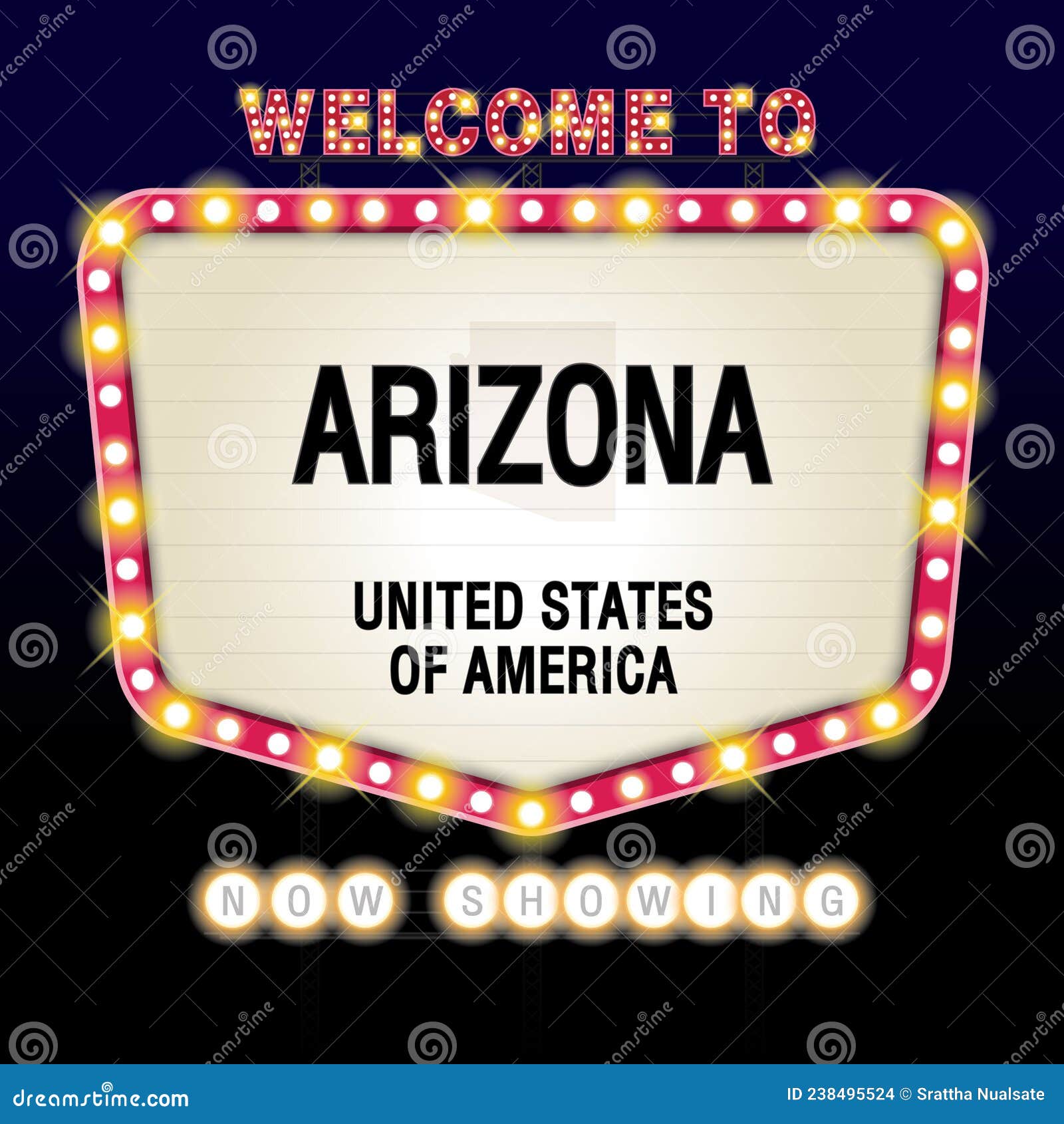 the sign united states of america with message, arizona and map on showtime sign theatre background  art image 