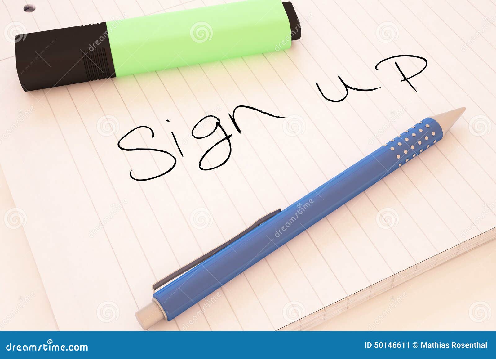 Sign up - handwritten text in a notebook on a desk - 3d render illustration.