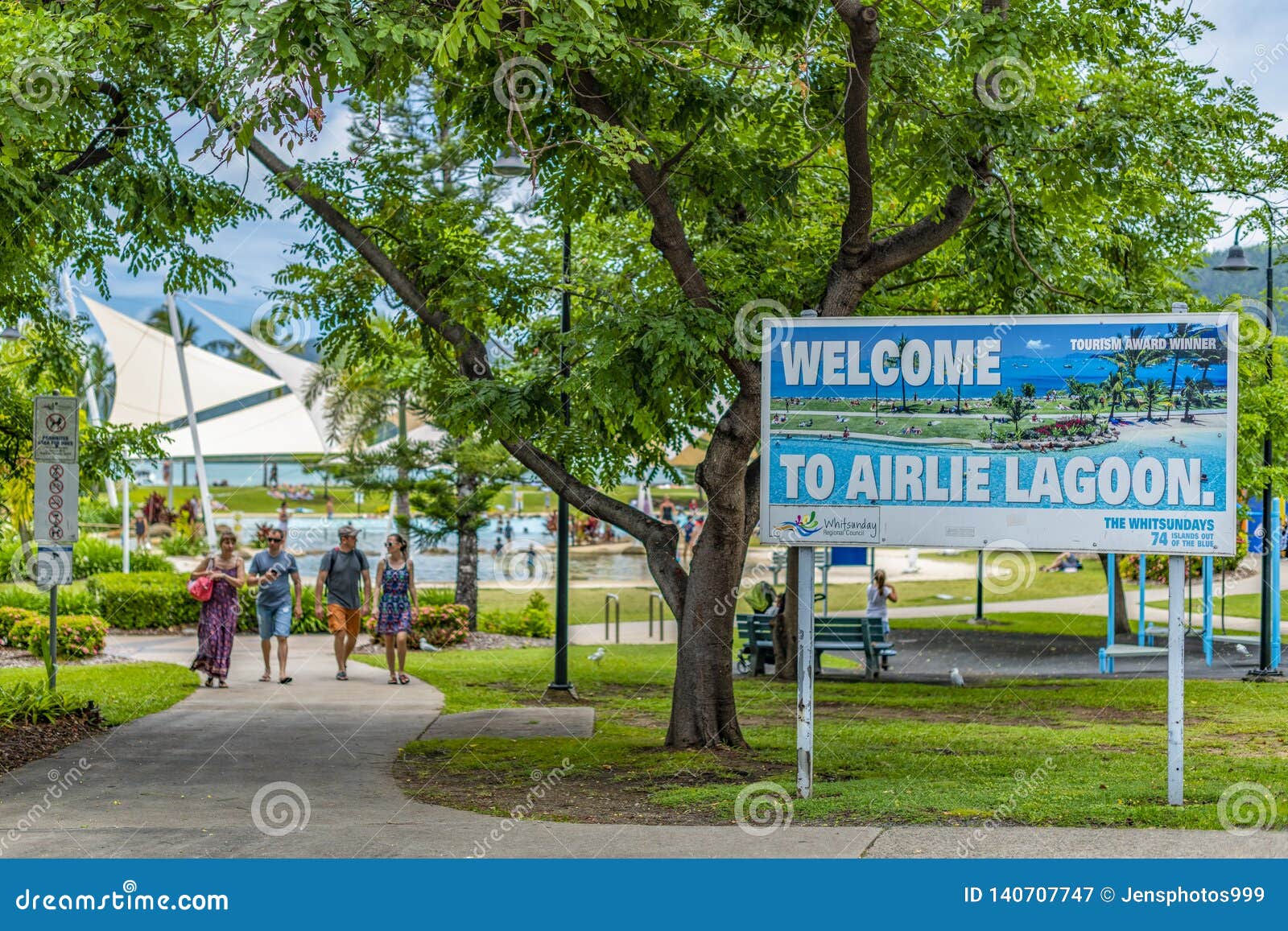 Sign Welcoming Tourists To Airlie Lagoon. Australia. Editorial - Image of great,