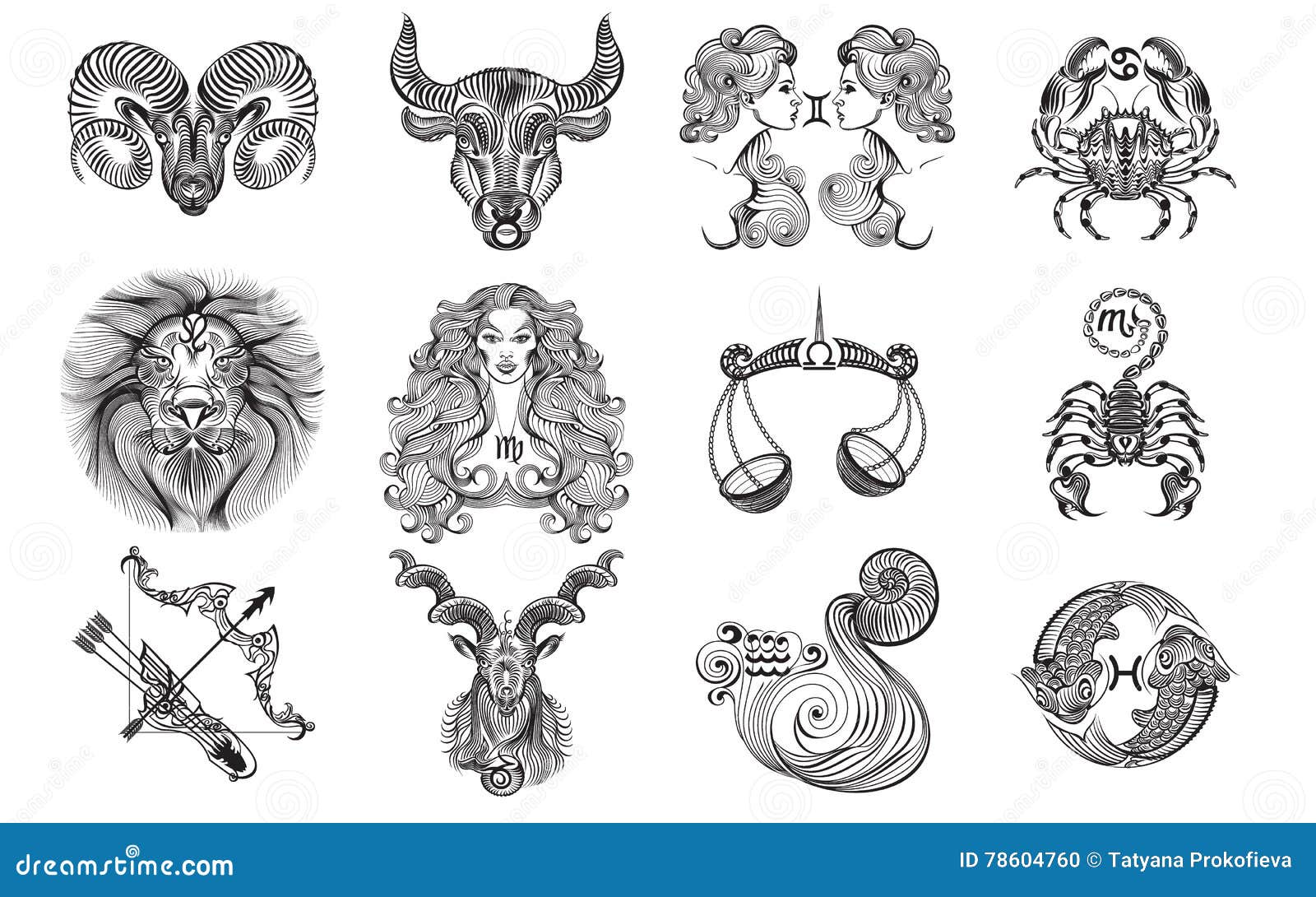 12 Signs of the Zodiac Tattoos. Stock Illustration - Illustration of ...