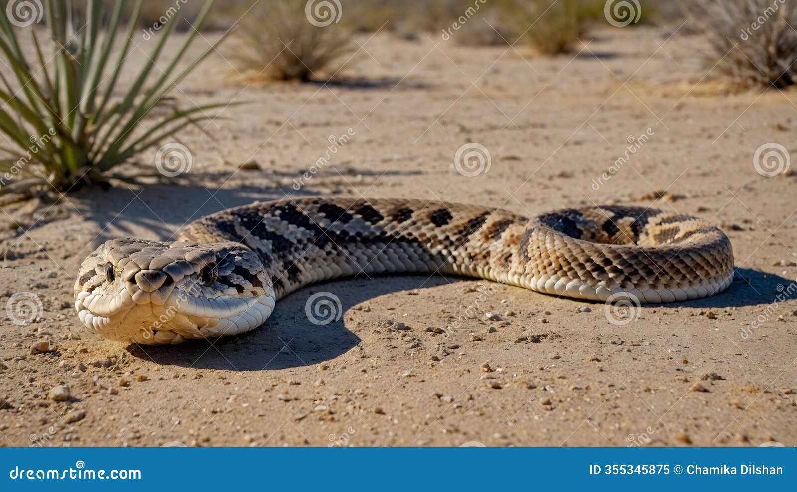 silent movement: rattlesnake gliding over the desert with rippled tracks