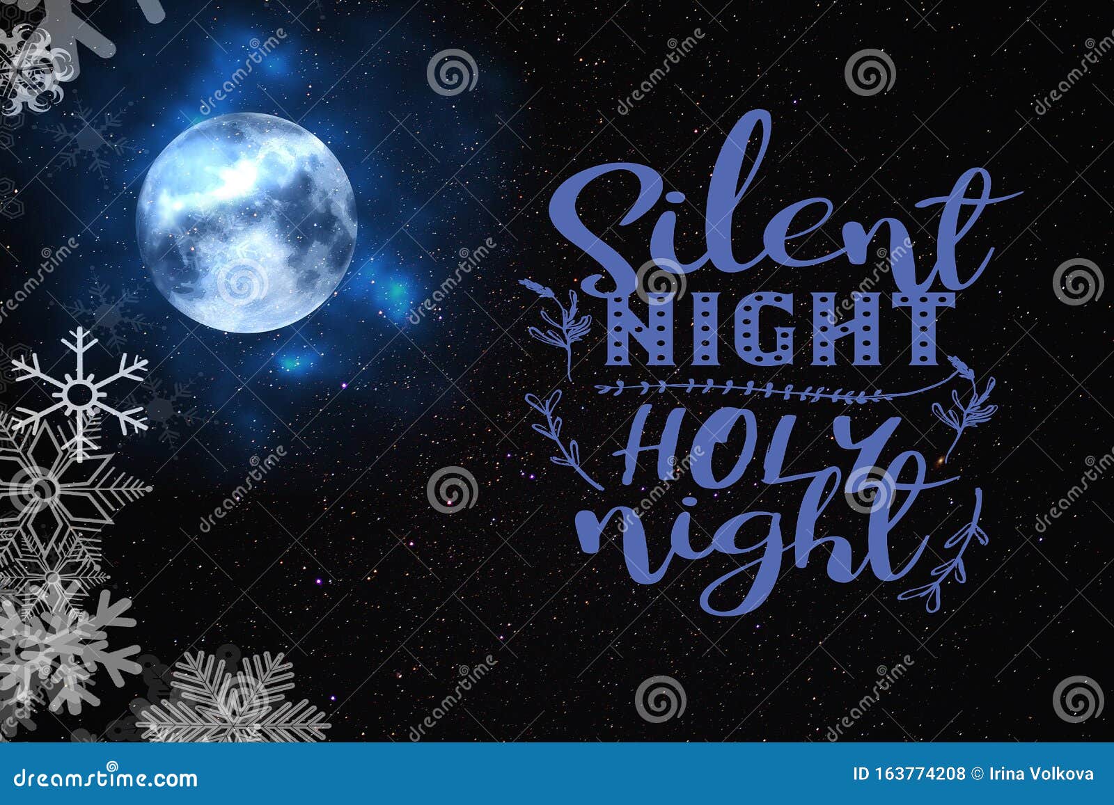 silent night holy night   christmas holiday  wishes quotes moon on starry sky greeting card banner copy space