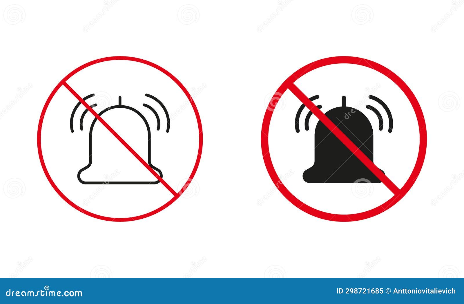 Silent Zone. No Loud Sound Allowed Warning Sign Set. Ring Bell Prohibit