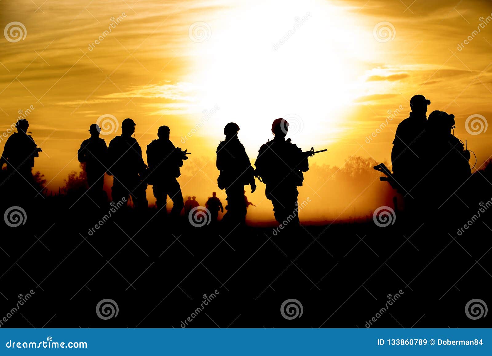 silhouette action soldiers walking hold weapons the background is smoke and sunset and white balance ship effect dark