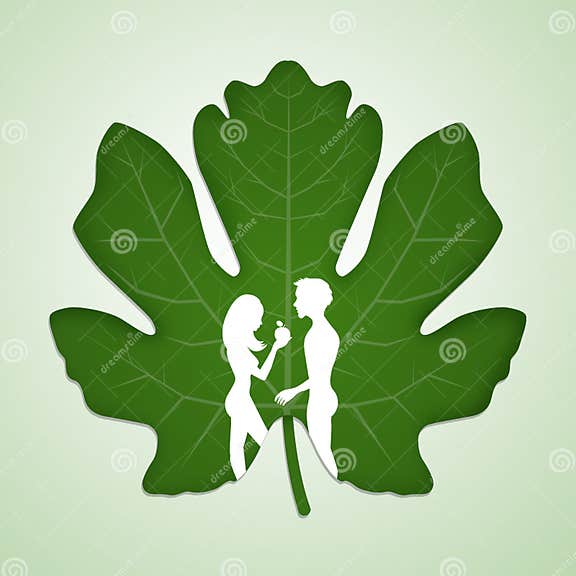 Silhouette Of Adam And Eve On The Fig Leaf Stock Illustration