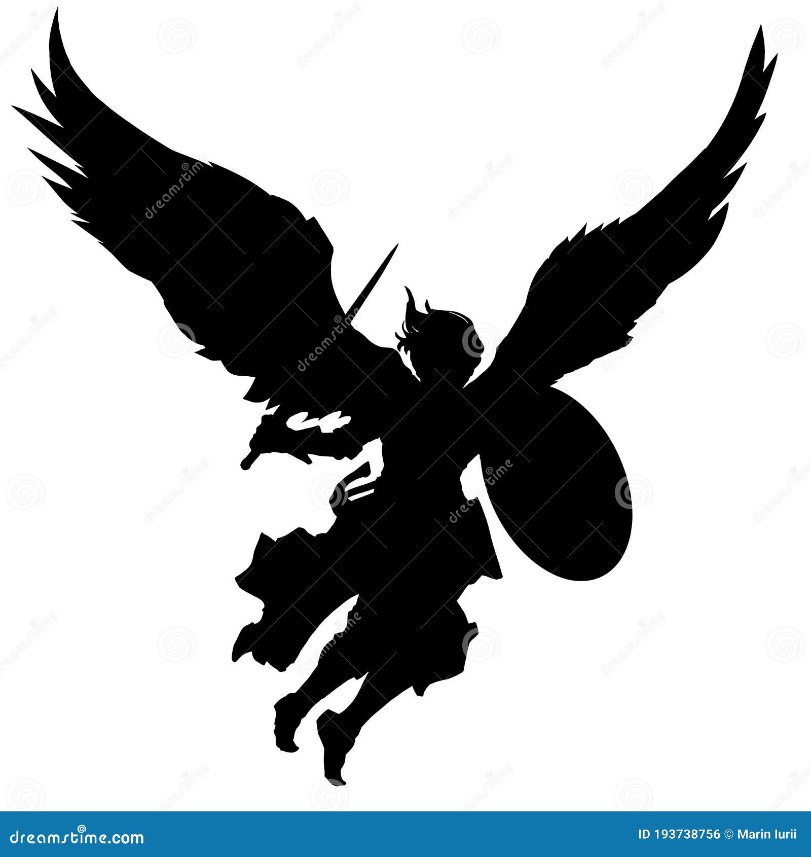Silhouette of an Angel with a Sword and Shield Flying To the Attack