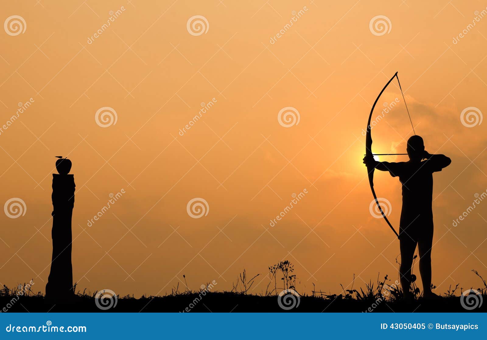 Silhouette Archery Shoots a Bow at an Apple on Timber Stock Image