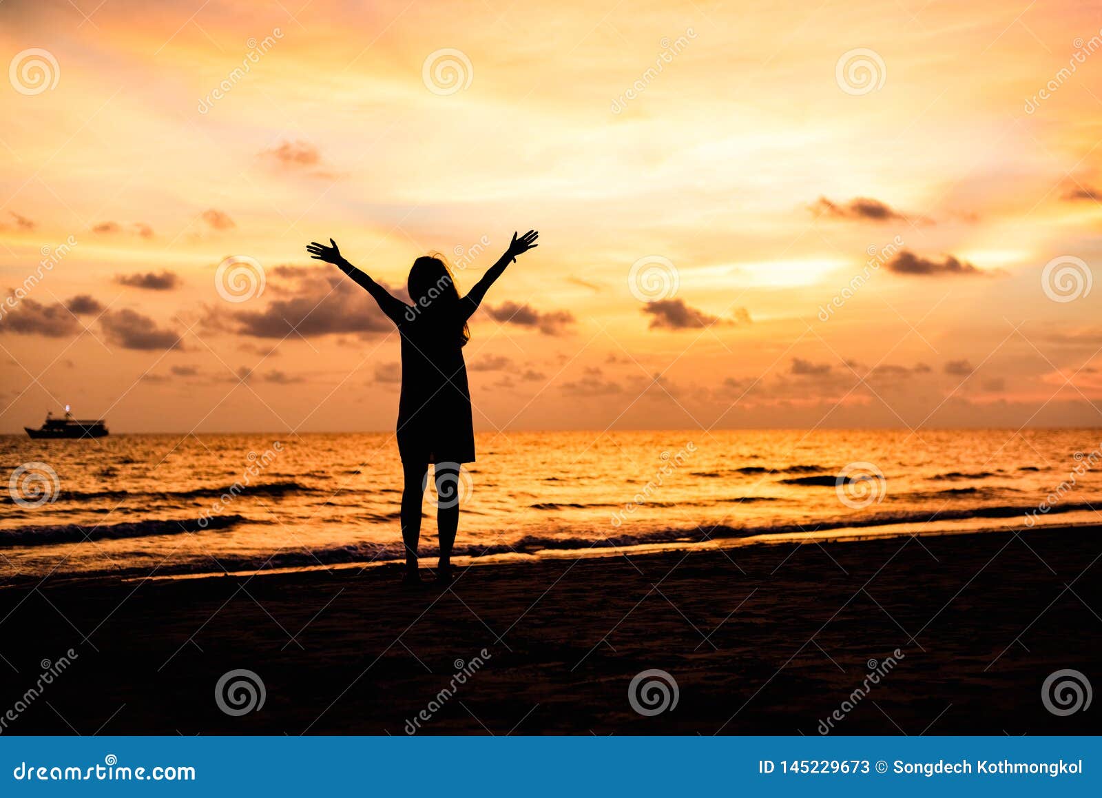 Silhouette of Asian Girl on the Beach on Sunset Stock Image ...