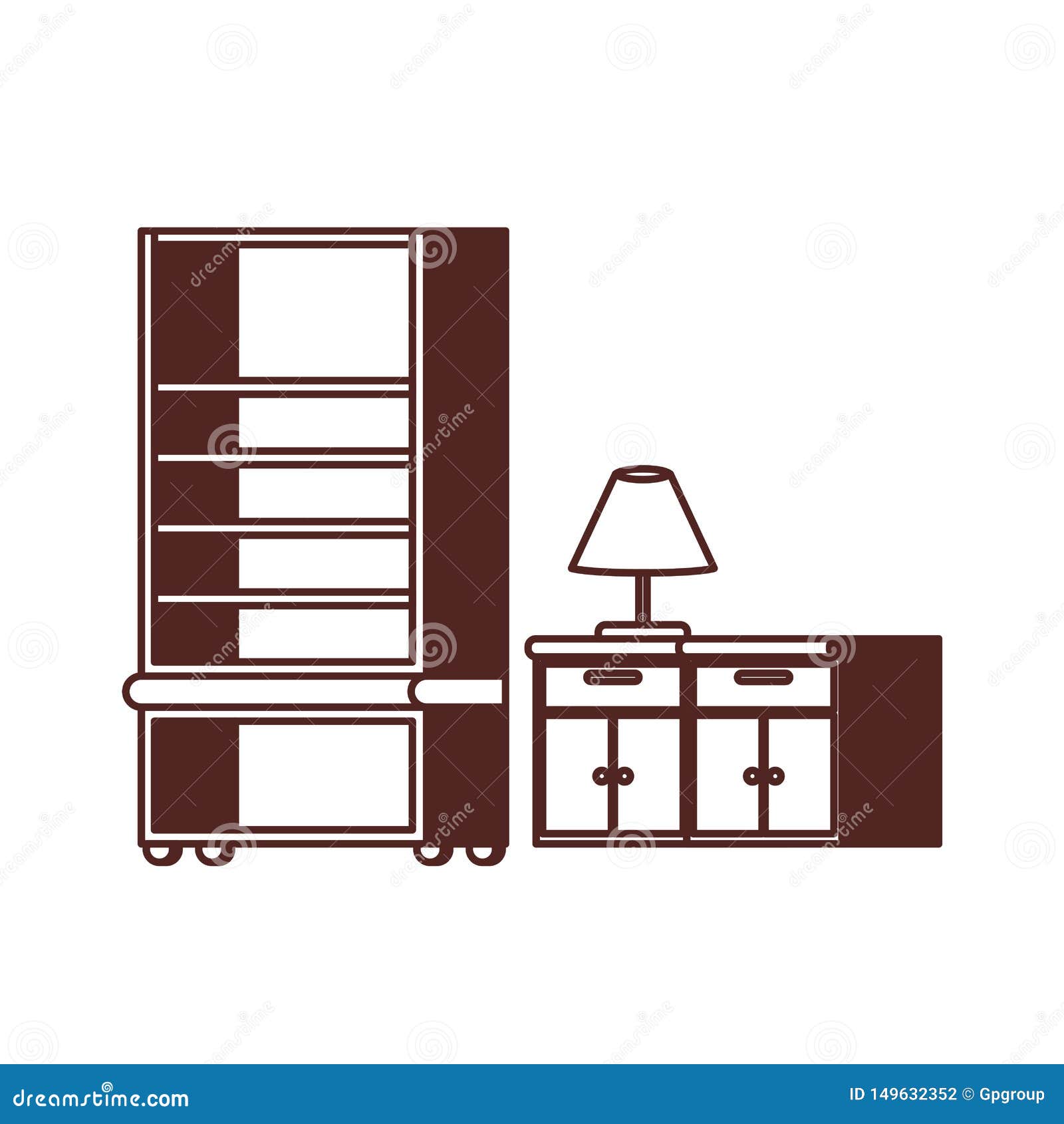 Silhouette of Bookshelf on White Background Stock Vector Illustration