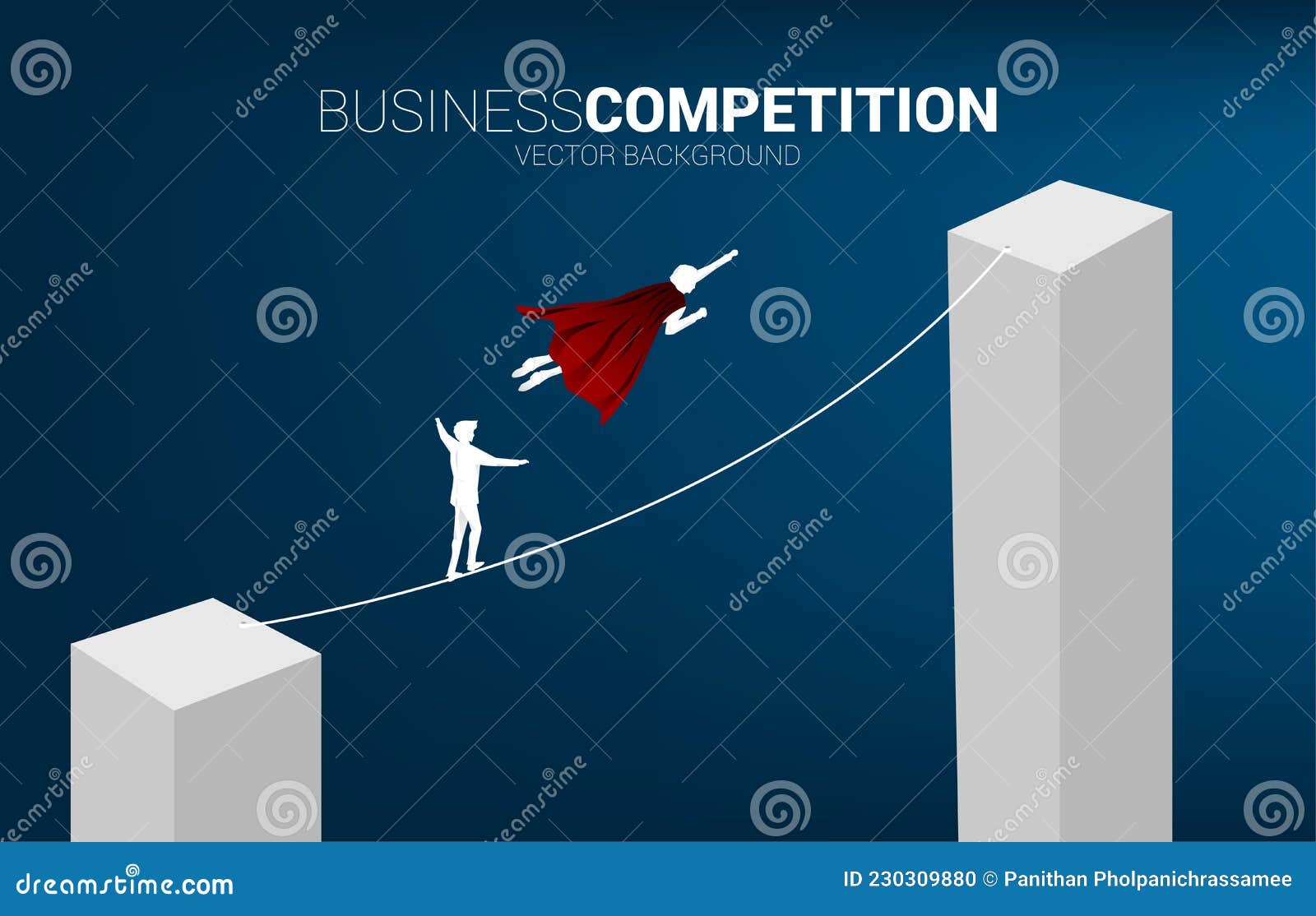 silhouette of businessman flying compete with the man walking on rope to higher bar chart.