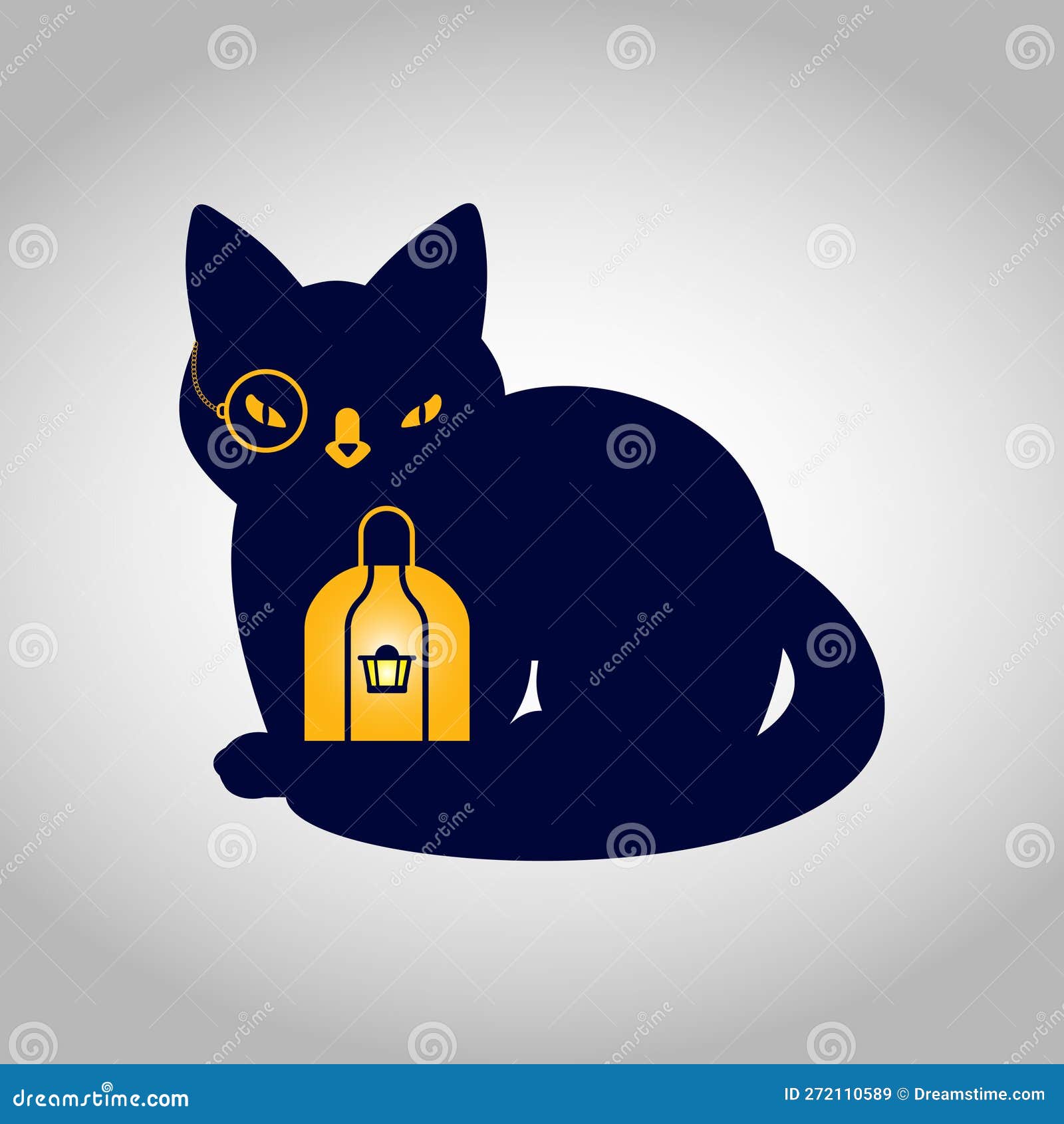 silhouette of a cat in a monocle with a lit kerosene lamp