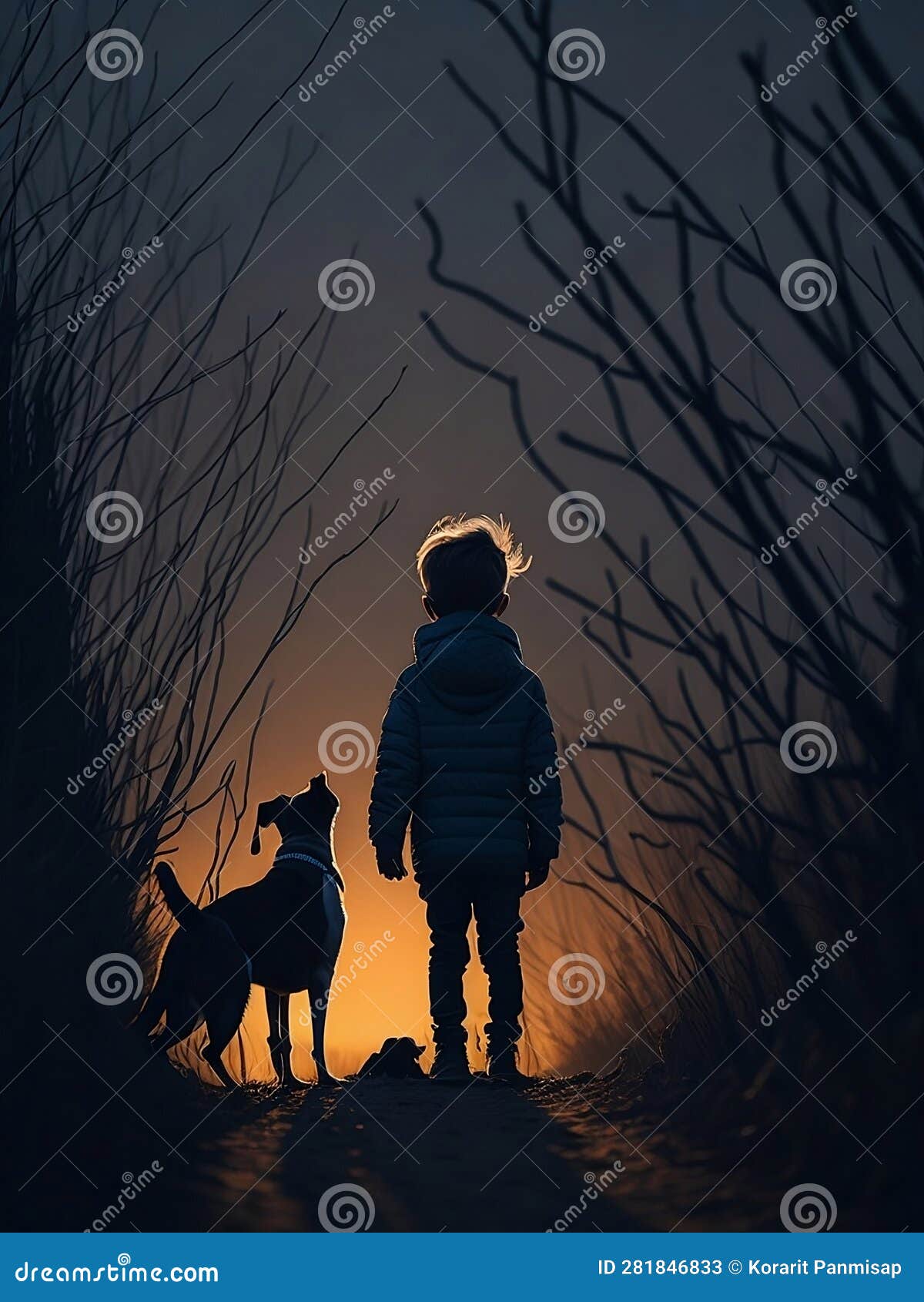 silhouette of a child with a dog in nature,generative ai illustation