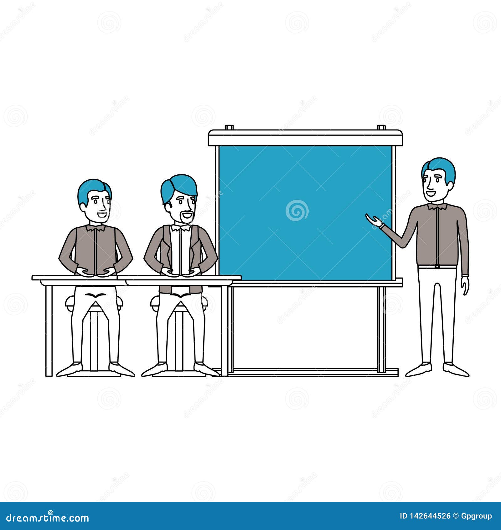 silhouette color sections with pair of man sitting in a desk for executive lecturer in presentacion business people