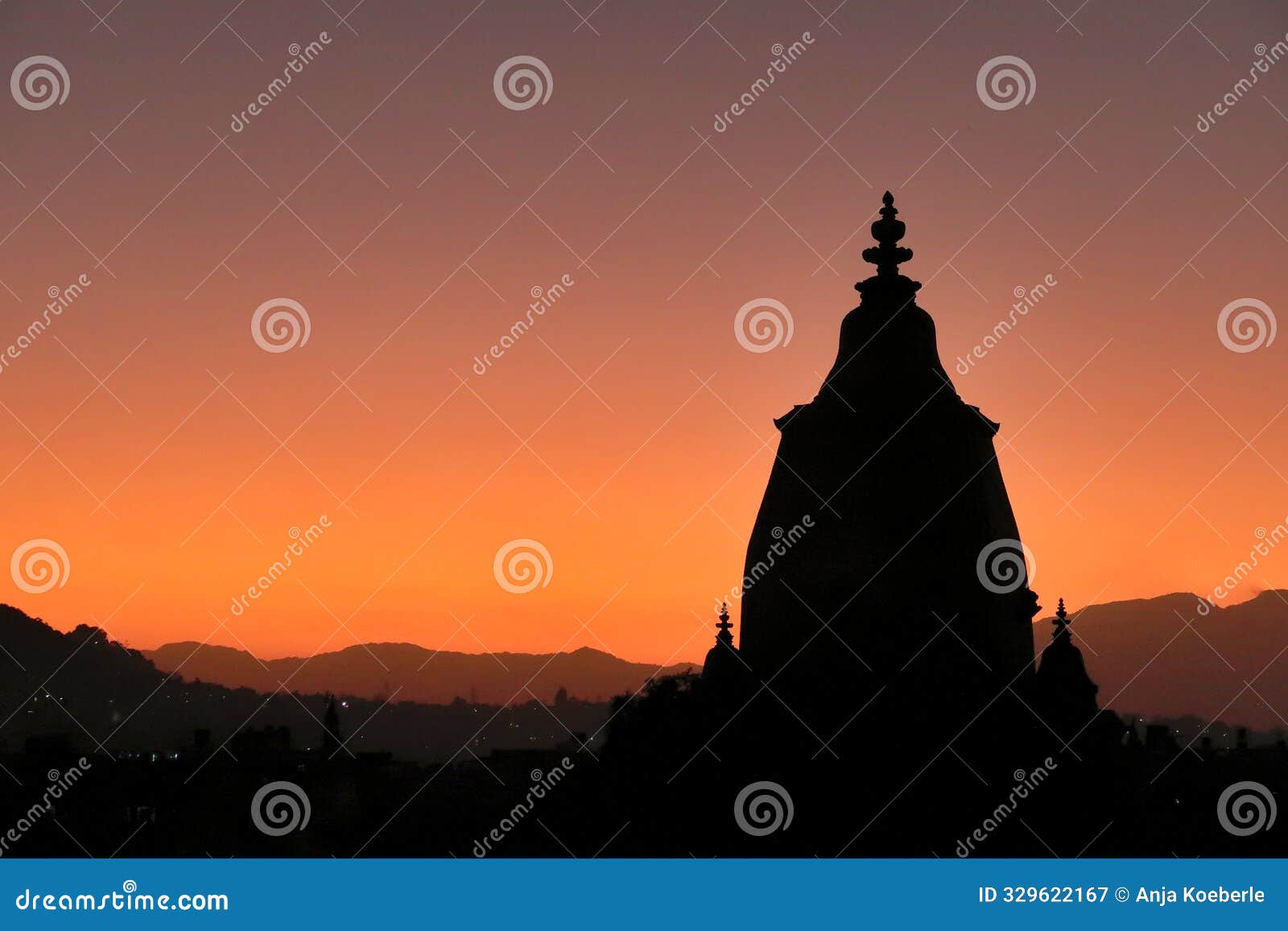 the silhouette, contour of the shilu, silu mahadeva, mahadev temple in front of a colorful sky after sunset, durbar square,