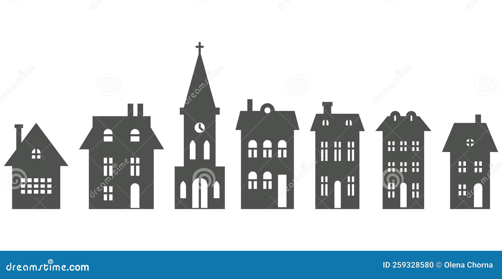 Silhouette Of Cottages And Church In Neighborhood Set Of Houses On