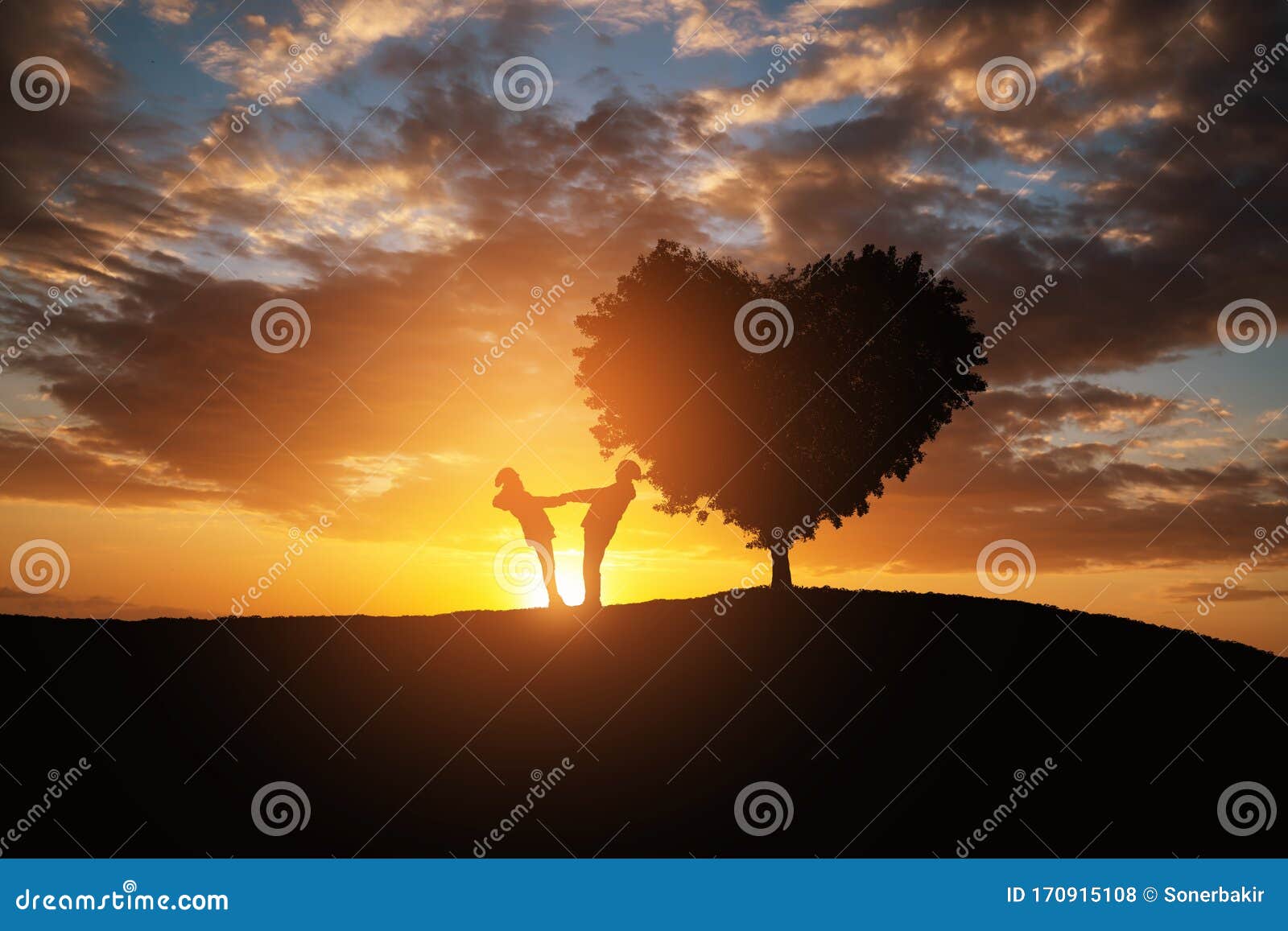silhouette of a couple in abstract field with heart  tree with sunset.romance and valentine concept background.