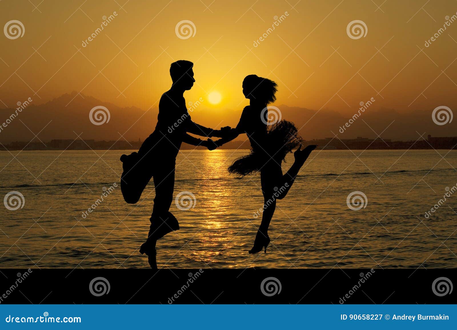 Silhouette Couple In The Active Ballroom Dance On Sunset