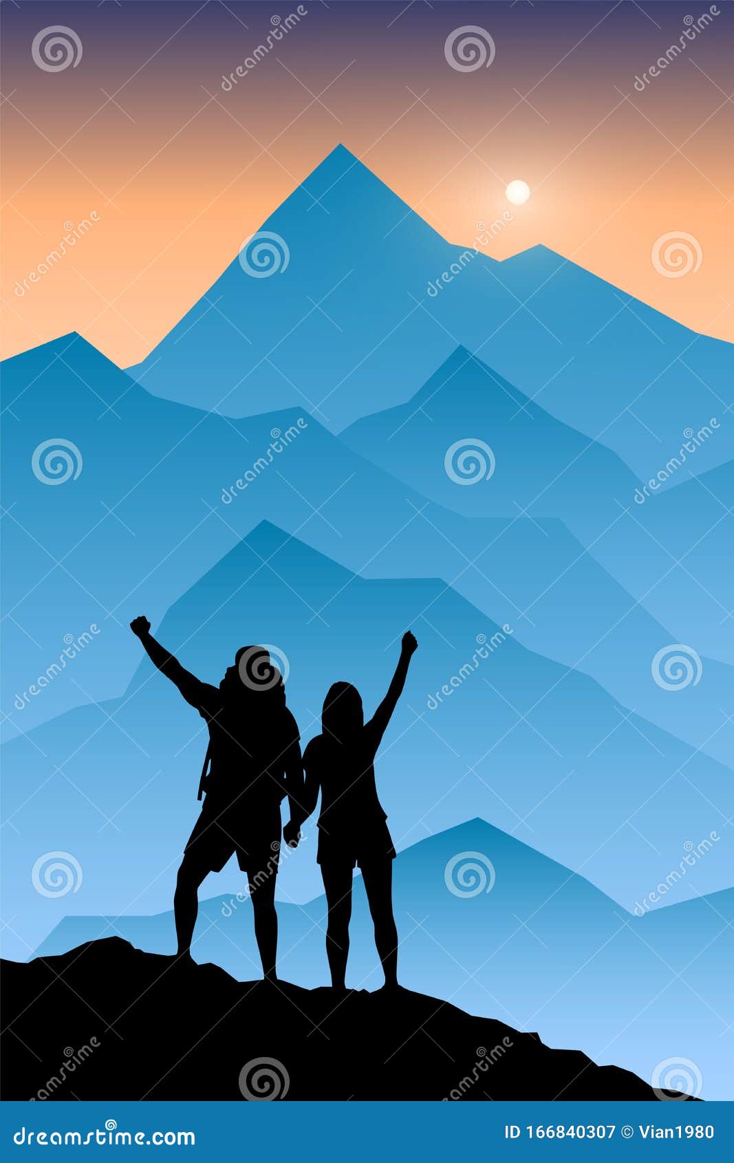 silhouette of couple hikers with raised handssilhouette of couple hikers with raised hands