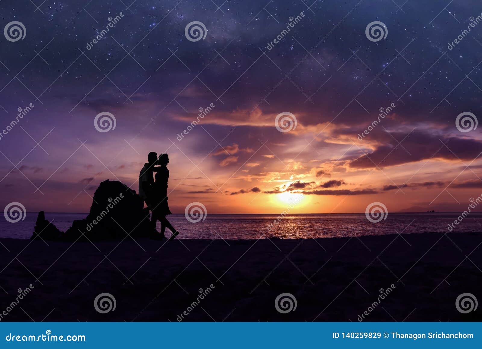 Silhouette Couple Kissing On The Beach With Million Stars Galaxy And Purple Sky Stock Image Image Of Outdoor Honeymoon 140259829