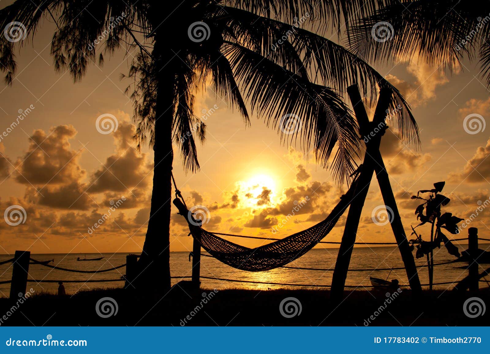 Silhouette d'hamac et de palmier contre un lever de soleil au-dessus d'une mer d'or.